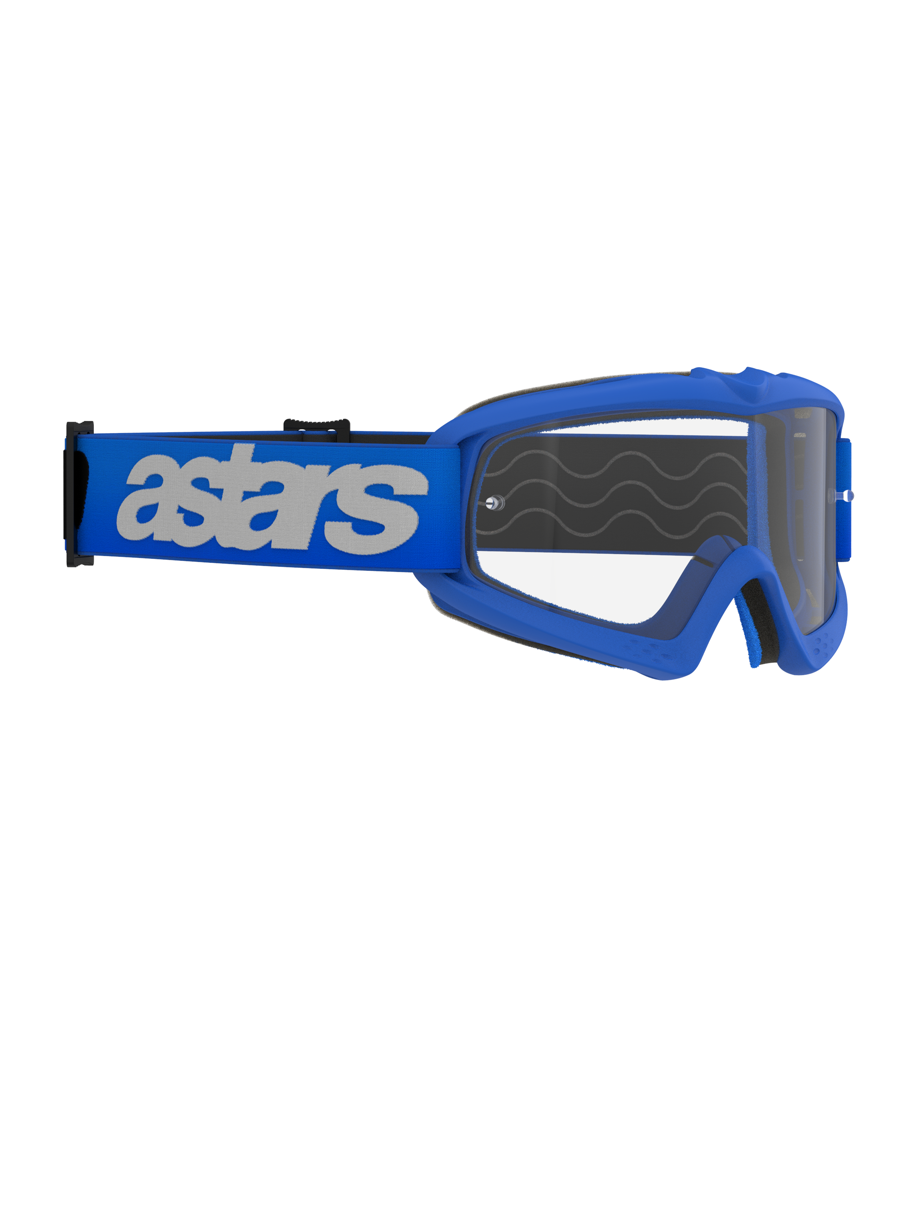 Alpinestars Vision Youth Blaze Goggles, Motocross Goggles, Blue and Clear, featuring a blue frame with a clear anti-fog lens, wide blue strap with white 'astars' logo, designed for youth riders and smaller face shapes, professional off-road gear