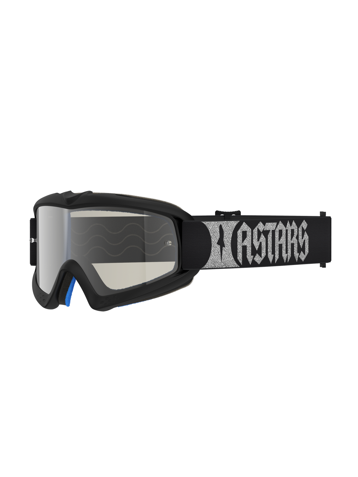 Alpinestars Vision Youth Atrox Goggles, youth motocross eyewear in black and silver with a silver mirror lens and woven strap.