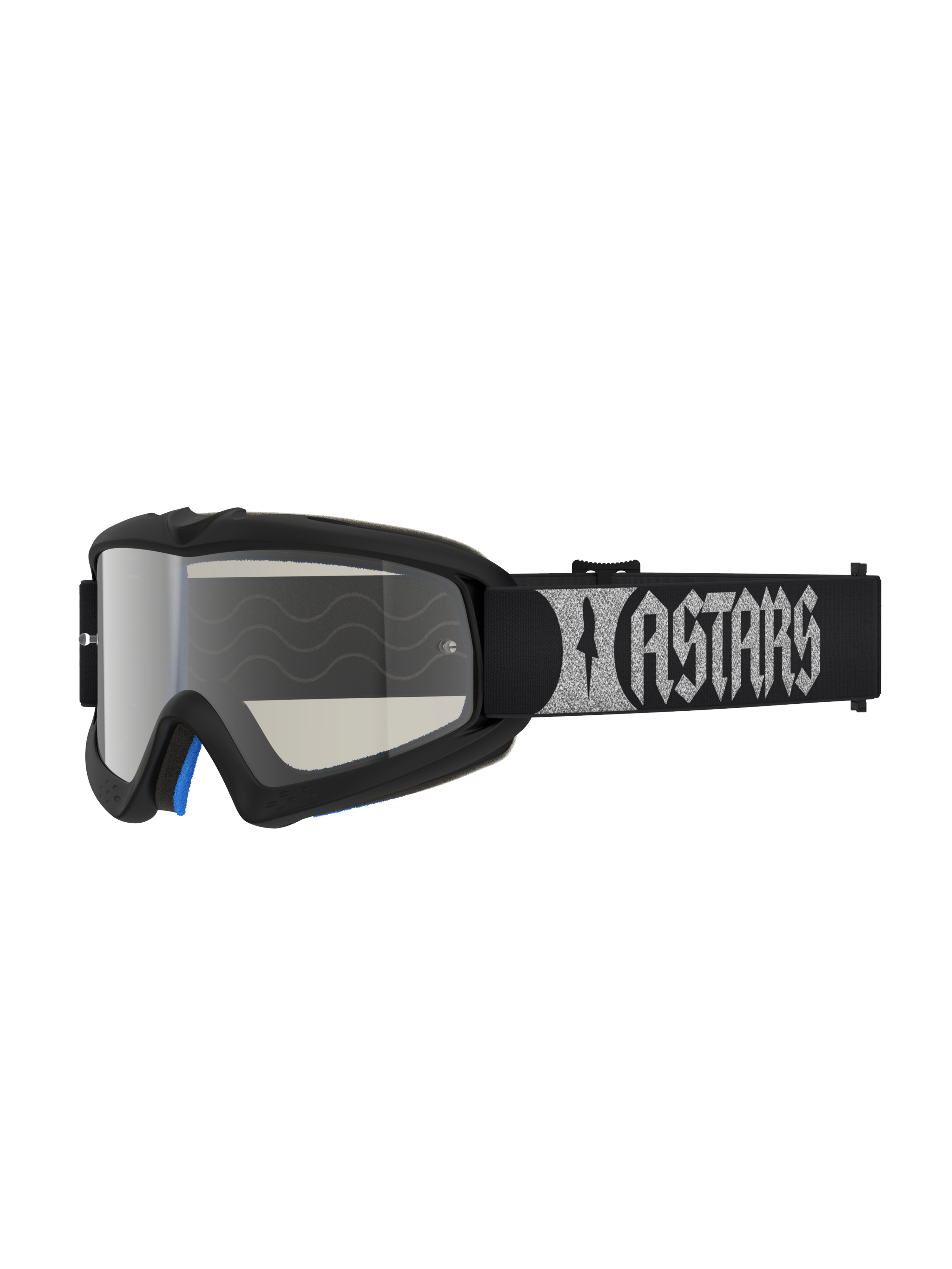 Alpinestars Vision Ungdom Atrox goggles, svarta motocross-goggles för unga med silverfärgad spegellins och logotyp på remmen.