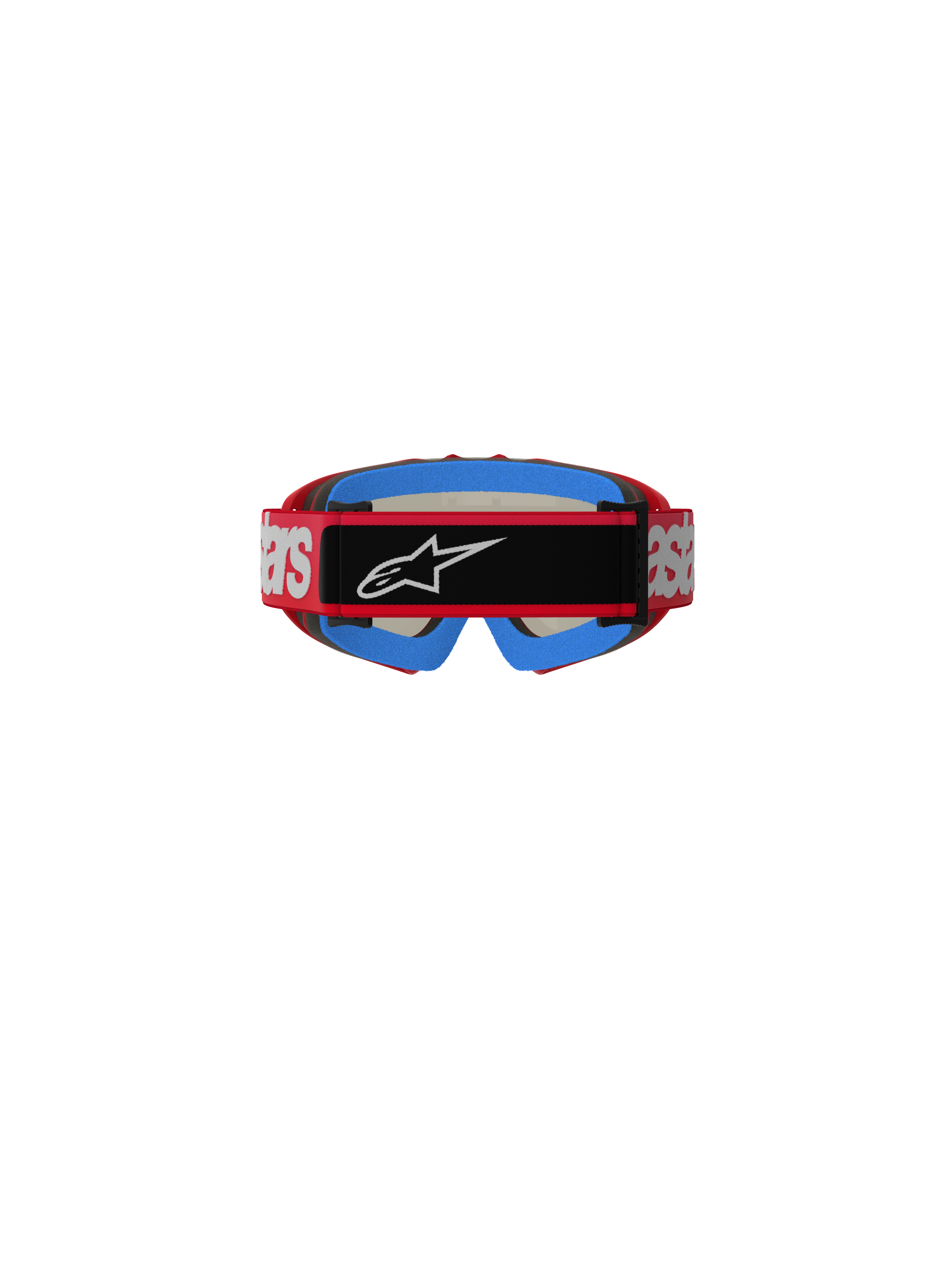 Alpinestars Vision Youth Blaze Goggles, motocrossglasögon, röd och silver, vy bakifrån som visar rött band med vit logotyp och en svart central del med vit Astars-logotyp, blå inre skumvaddering