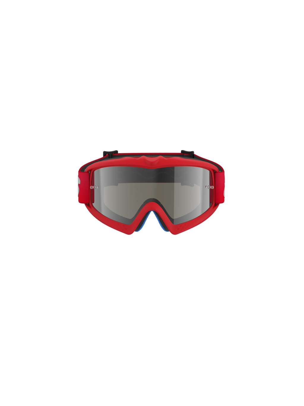 Alpinestars Vision Youth Blaze Goggles, motocrossglasögon, röd och silverspegel, vy framifrån, med en färgstark röd uretanram och rött band, designade för ungdomsförare med spegellins