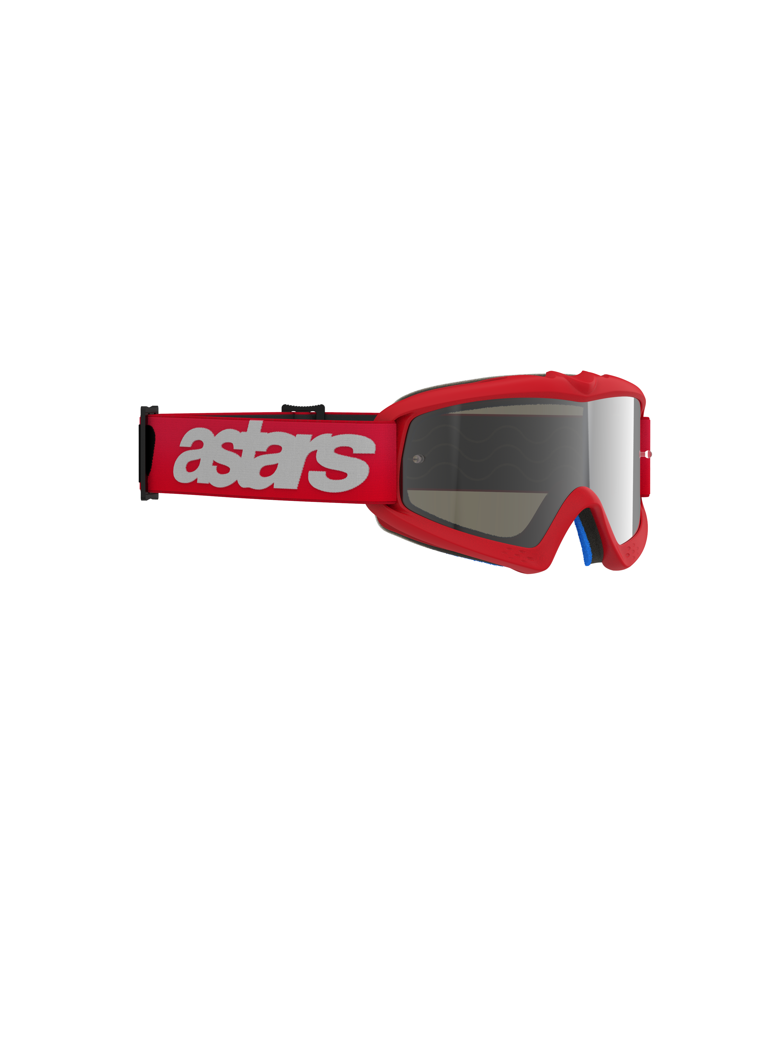 Alpinestars Vision Youth Blaze goggles, motocrossglasögon, röda med Silver Mirror-lins, rött vävt band med vit astars-logotyp, kompakt uretanram designad för ungdomsförare, ögonskydd för terrängkörning