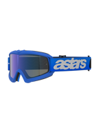 Alpinestars Vision Youth Blaze Goggles, Motocross Goggles, Blue Mirror Blue, blue frame with blue mirrored anti-fog lens, adjustable blue strap with white "astars" logo, specialized protective eyewear for youth riders