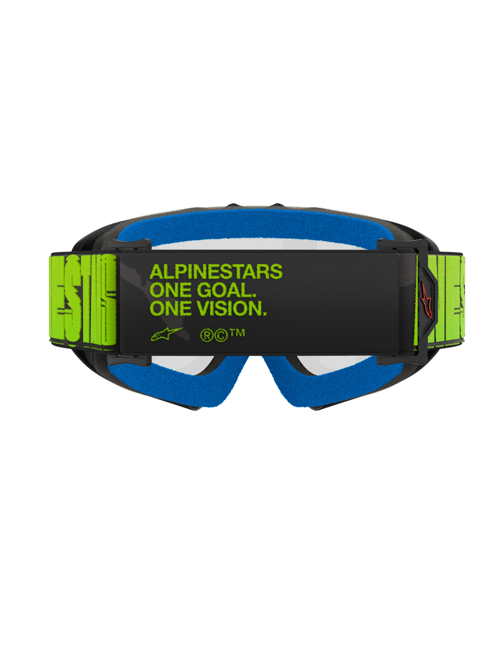 Alpinestars Vision Youth Hollow Goggles, Motocross Goggles, Charcoal and Fluo Yellow, rear view featuring the 'ALPINESTARS ONE GOAL. ONE VISION.' slogan on the strap, bright blue face foam, youth-specific motocross eyewear