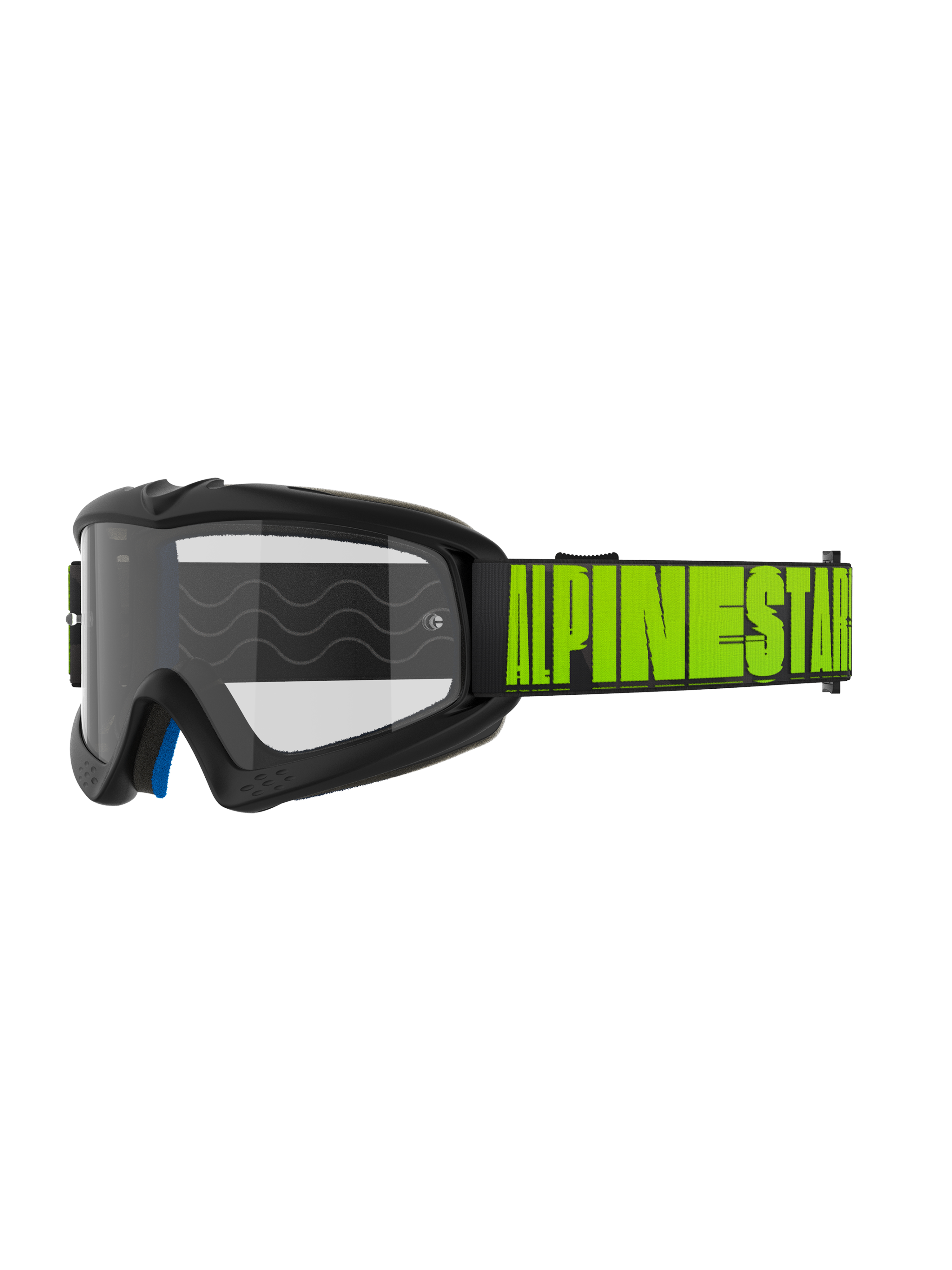 Alpinestars Vision Youth Hollow and Vision 5 Hollow Goggles, Motocross Off-road Goggles, Charcoal gray frame with fluo yellow Alpinestars branding on black strap, clear lens, blue interior foam layer, modern streamlined design for youth and adult riders