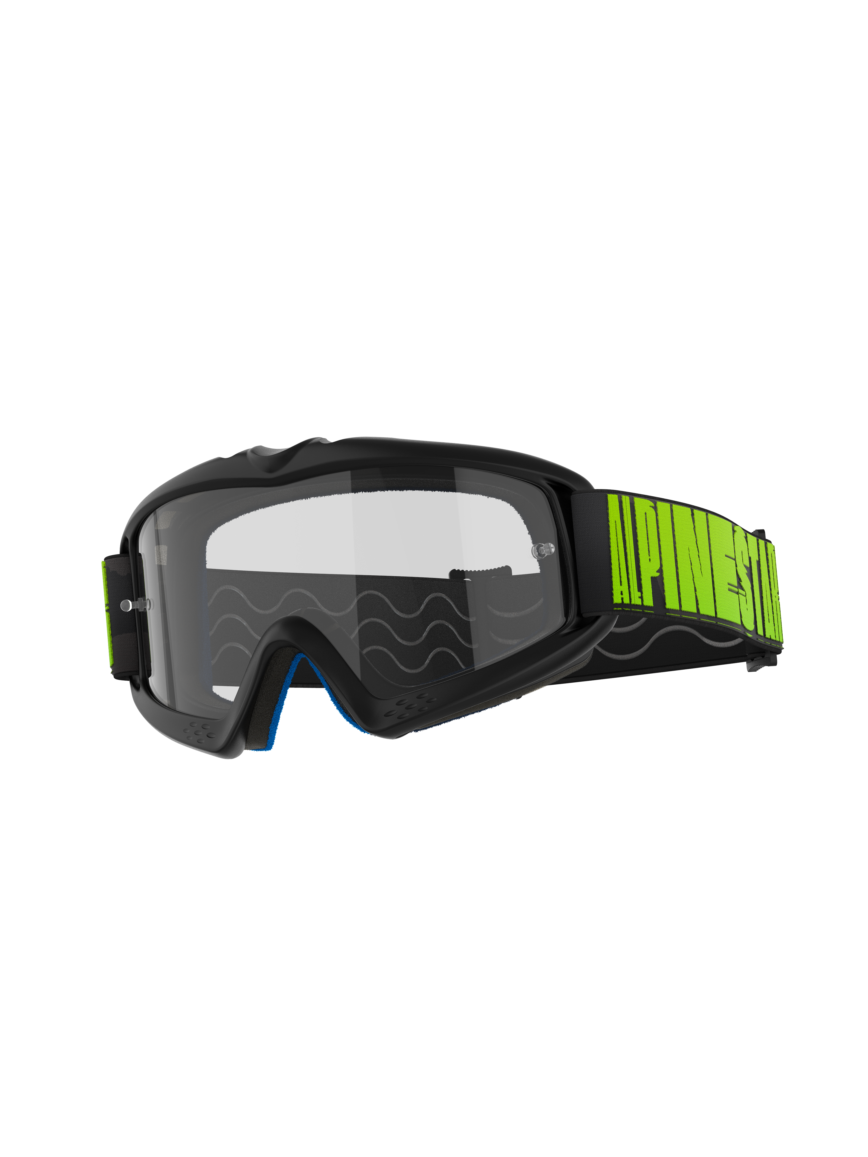 Alpinestars Vision Youth Hollow Goggles, Motocross Goggles, Charcoal frame with Clear anti-fog lens, Black strap with bold Fluo Yellow branding, blue inner foam, designed for young riders in off-road racing