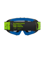 Alpinestars Vision Youth Hollow Goggles, Rear view featuring a fluorescent yellow strap with black 'One Goal. One Vision.' text, blue face foam, and charcoal frame, professional youth motocross goggles