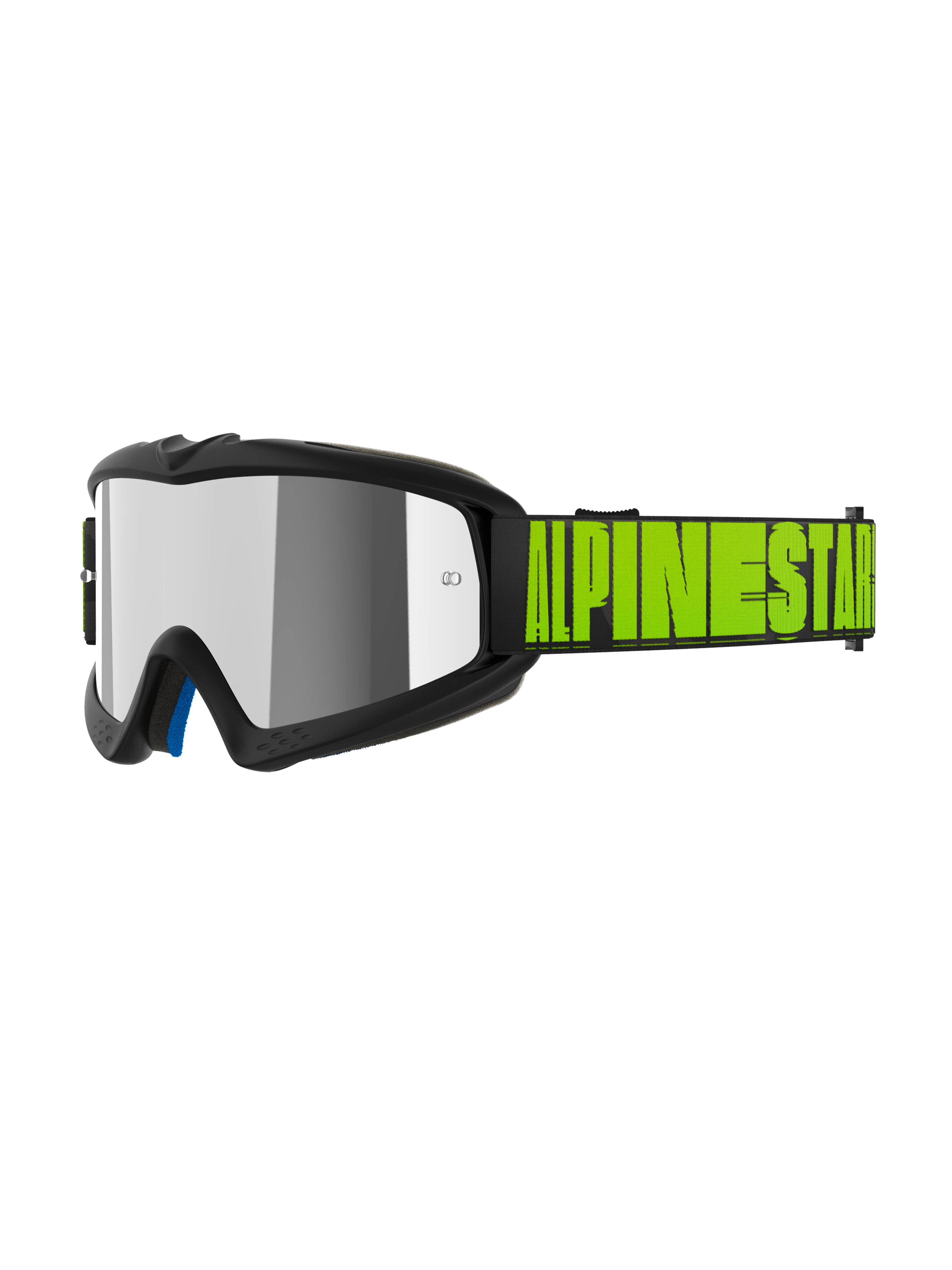 Alpinestars Vision Youth Hollow Goggles, motocrossglasögon för ungdomar, kolgrå och neongula, reflekterande Mirror Silver-lins, svart rem med stor neongul Alpinestars-logotyp, blå invändig vaddering, specialanpassad passform för unga förare