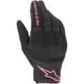 Alpinestars Stella Copper damhandskar, urbana motorcykelhandskar, svarta och fuchsia, med ventilerande mesh-textil och täckt hårt knogskydd, rosa Alpinestars-detaljer på pekfingret och mudden