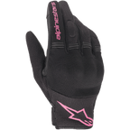 Alpinestars Stella Copper damhandskar, urbana motorcykelhandskar, svarta och fuchsia, med ventilerande mesh-textil och täckt hårt knogskydd, rosa Alpinestars-detaljer på pekfingret och mudden