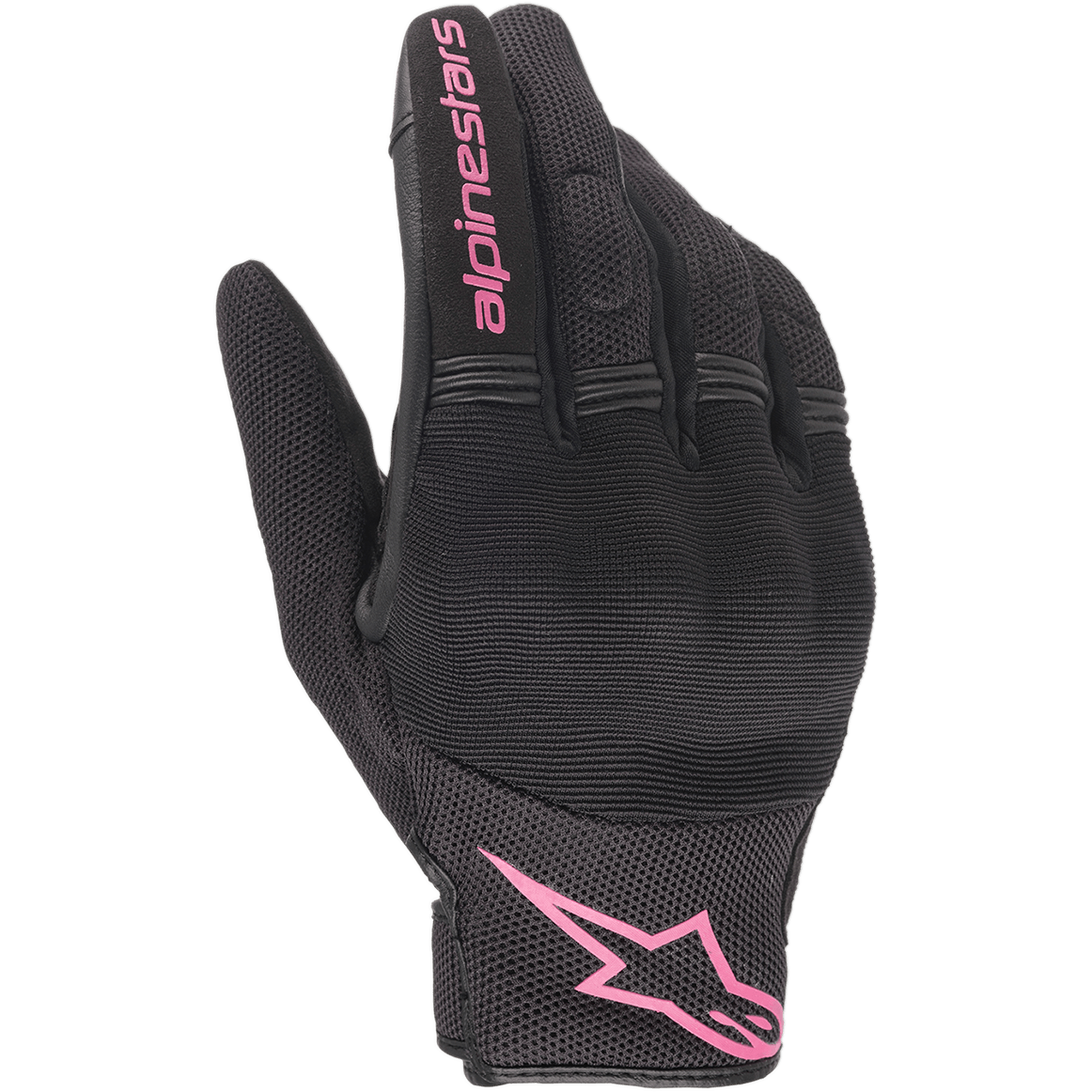 Alpinestars Stella Copper damhandskar, urbana motorcykelhandskar, svarta och fuchsia, med ventilerande mesh-textil och täckt hårt knogskydd, rosa Alpinestars-detaljer på pekfingret och mudden