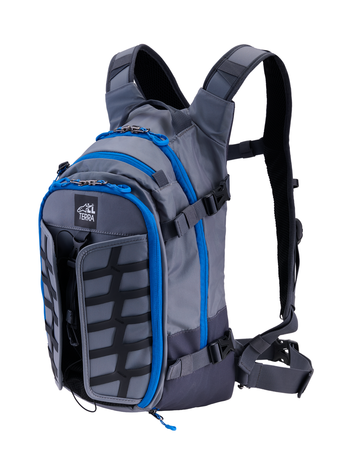 Alpinestars AT-15 Back Pack, Adventure Motorcycle Backpack, Dark Gray and Deep Gray with bright blue zipper trim, front-quarter view showing the 'ALL TERRA' logo, expandable front panel, and technical ergonomic strap system.