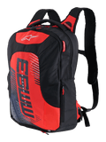 MM93 City Hunter V2 Backpack, Black and Red, sporty motorcycle backpack with ergonomic padded shoulder straps, multiple compartments with red zipper pulls, bold red front panel with MM93 logo and Marc Marquez graphic elements, durable polyfabric, sleek streamlined design