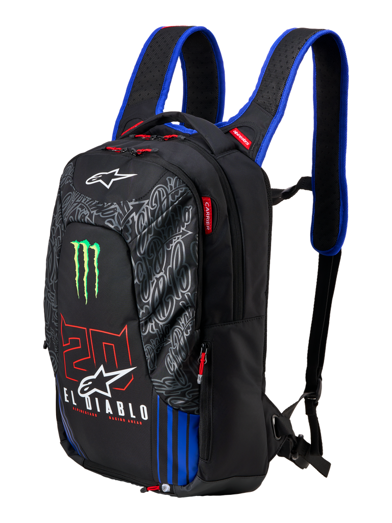 Alpinestars FQ20 City Hunter V2 Monster ryggsäck, svart motorcykelryggsäck med blå axelremmar, grön Monster Energy-klo-logotyp, röd '20' och vit 'El Diablo'-grafik, teknisk urban körutrustning med avsmalnande profil