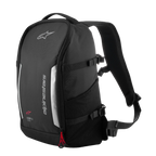 Alpinestars AMP3 Backpack, Technical Motorcycle Backpack, Black, featuring grey reflective panels and vertical Alpinestars branding, red zipper accent, side compression straps and mesh pocket, 17-liter capacity for road and urban riding