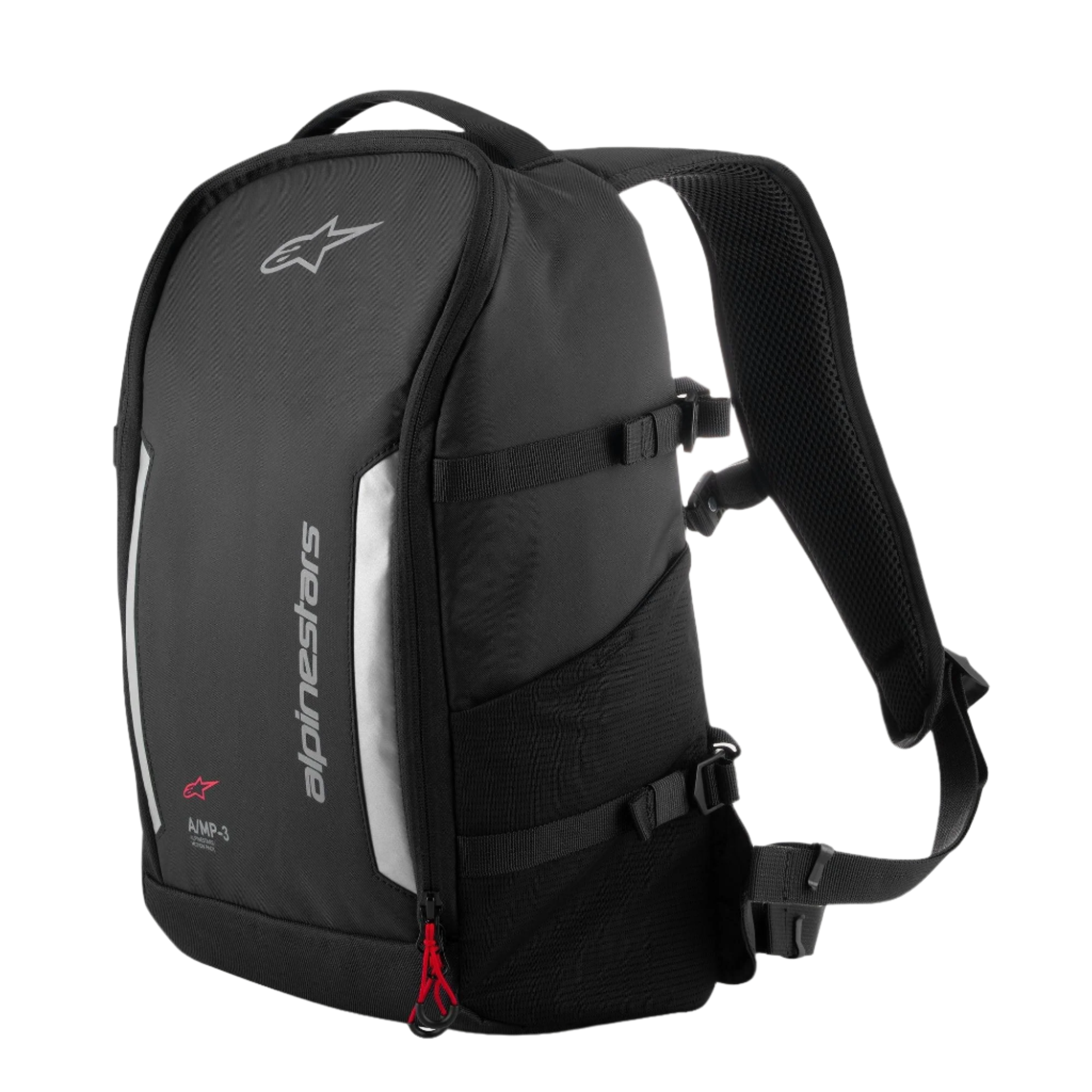 Alpinestars AMP3 Backpack, Technical Motorcycle Backpack, Black, featuring grey reflective panels and vertical Alpinestars branding, red zipper accent, side compression straps and mesh pocket, 17-liter capacity for road and urban riding