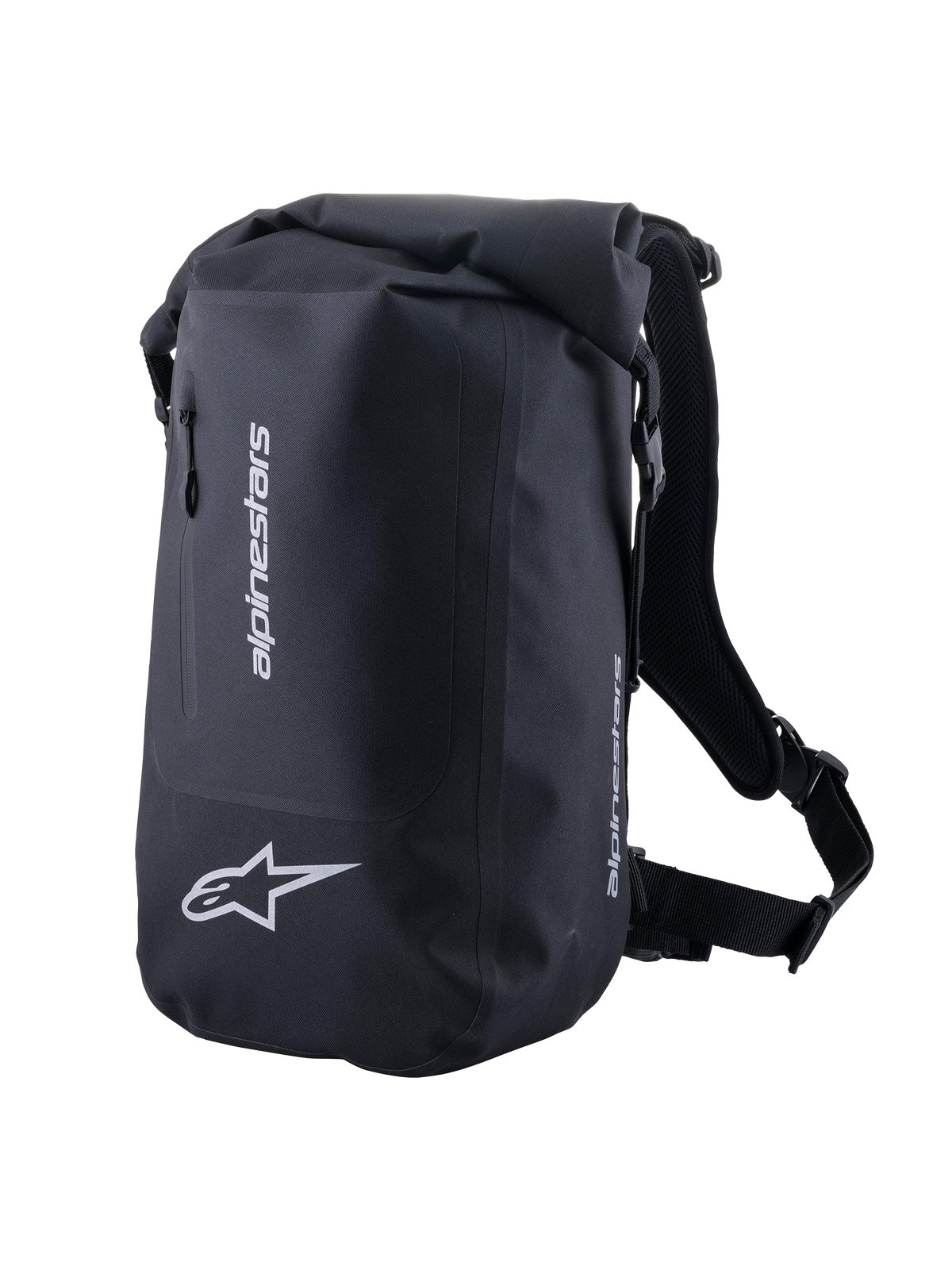 Alpinestars Sealed Sportväska, svart vattentät motorcykelryggsäck med rulltoppsstängning och reflekterande logotyper.