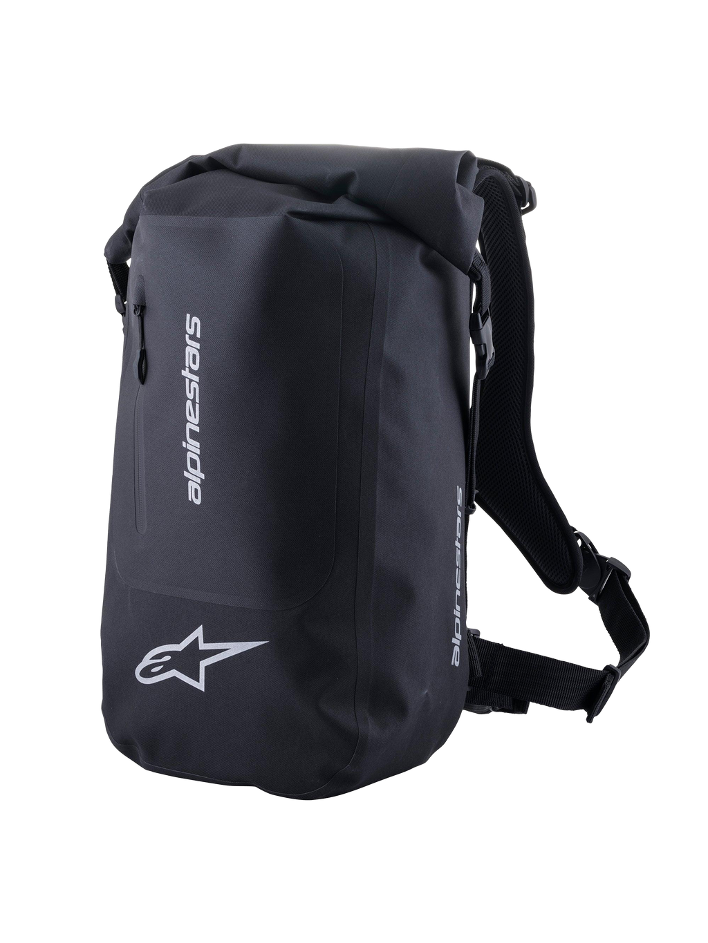 Alpinestars Sealed Sportväska, svart vattentät motorcykelryggsäck med rulltoppsstängning och reflekterande logotyper.