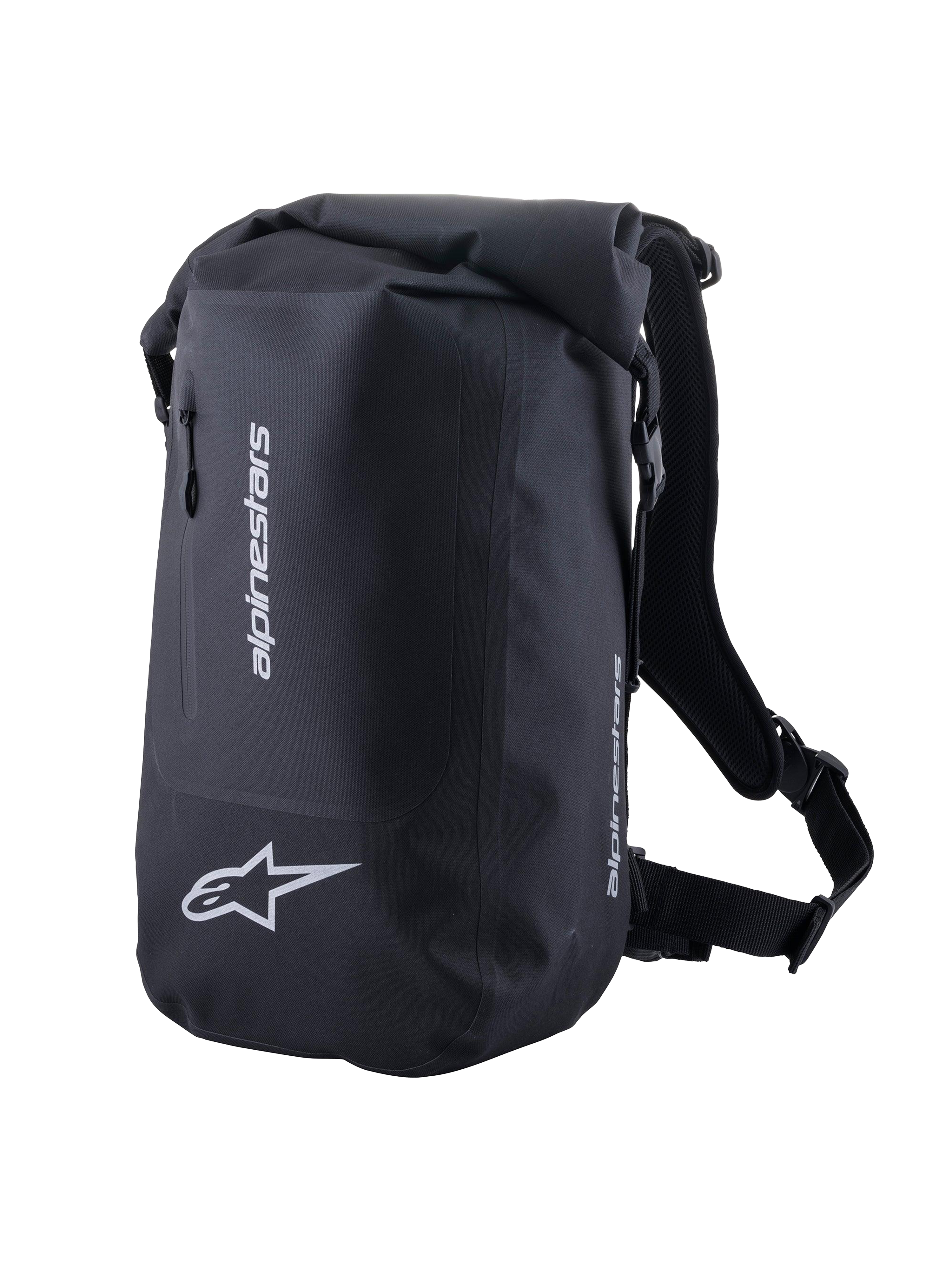 Alpinestars Sealed Sportväska, svart vattentät motorcykelryggsäck med rulltoppsstängning och reflekterande logotyper.