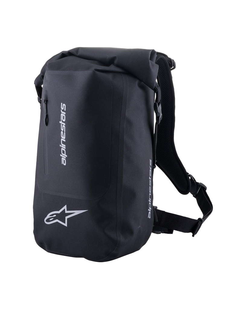 Alpinestars Sealed Sportväska, svart vattentät motorcykelryggsäck med rulltoppsstängning och reflekterande logotyper.