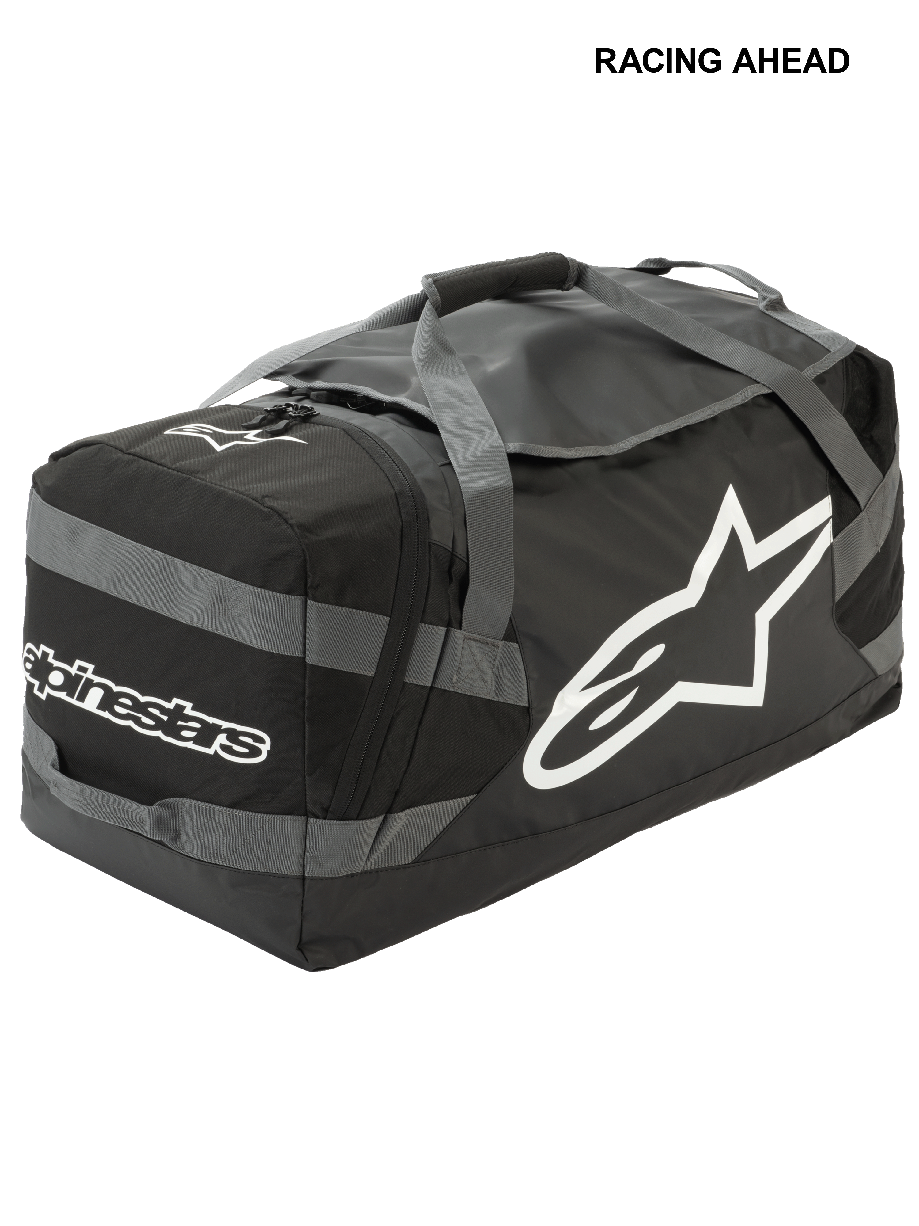 Alpinestars Goanna Bag, motocross-duffelväska, svart och antracitgrå med vita logotyper, stor stjärnlogotyp på sidan och ordmärke, slitstark botten i presenning, förstärkta bärremmar, rymlig förvaring för utrustning för terrängkörning