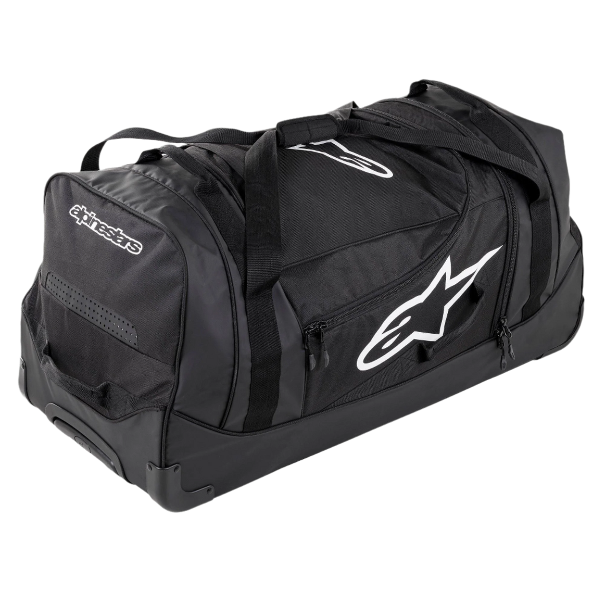 Alpinestars Komodo Reseväska, rymlig utrustningsväska, svart med vita Alpinestars-logotyper, robusta hjul, förstärkta handtag och flera fack med dragkedja för organiserad förvaring av racingutrustning