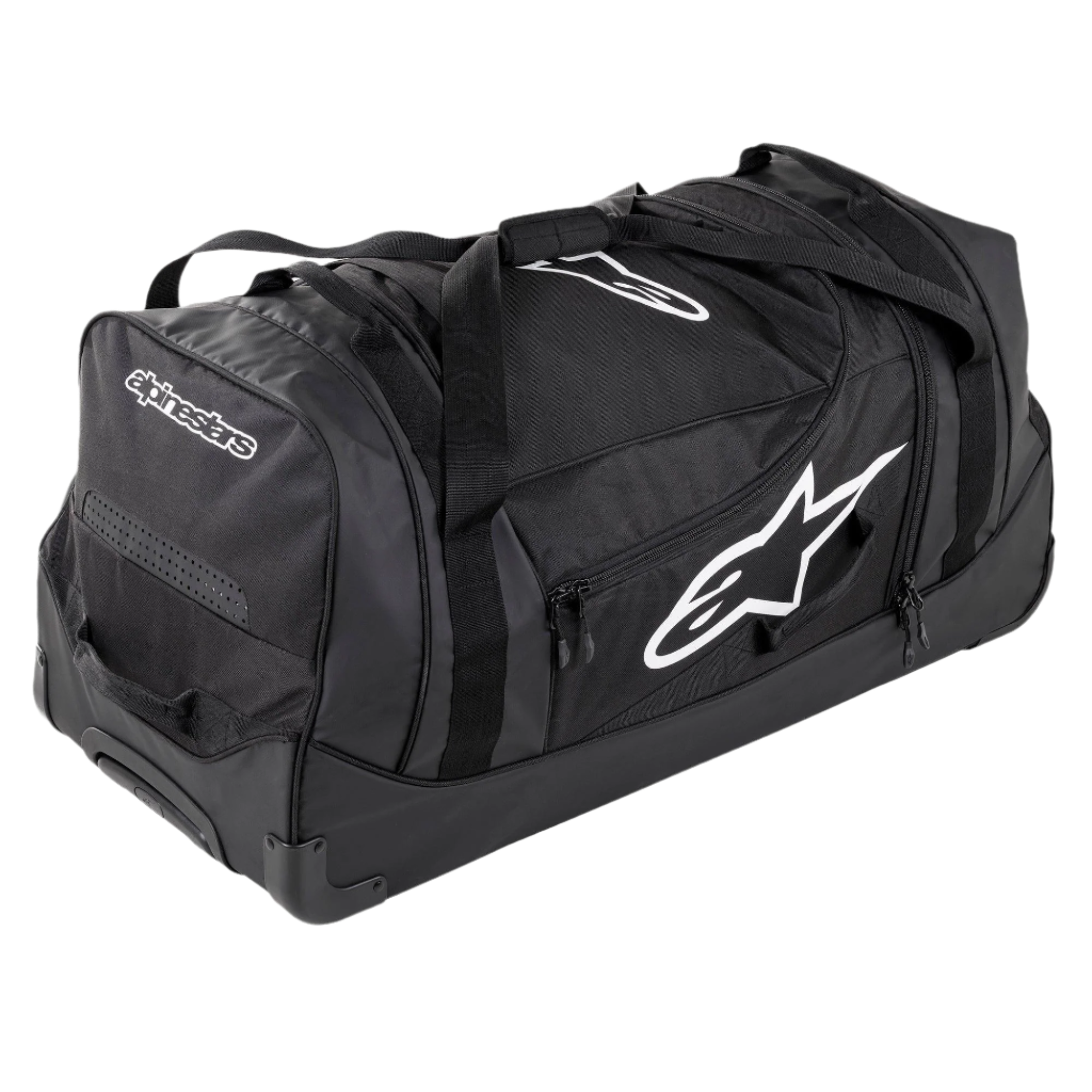 Alpinestars Komodo Reseväska, rymlig utrustningsväska, svart med vita Alpinestars-logotyper, robusta hjul, förstärkta handtag och flera fack med dragkedja för organiserad förvaring av racingutrustning