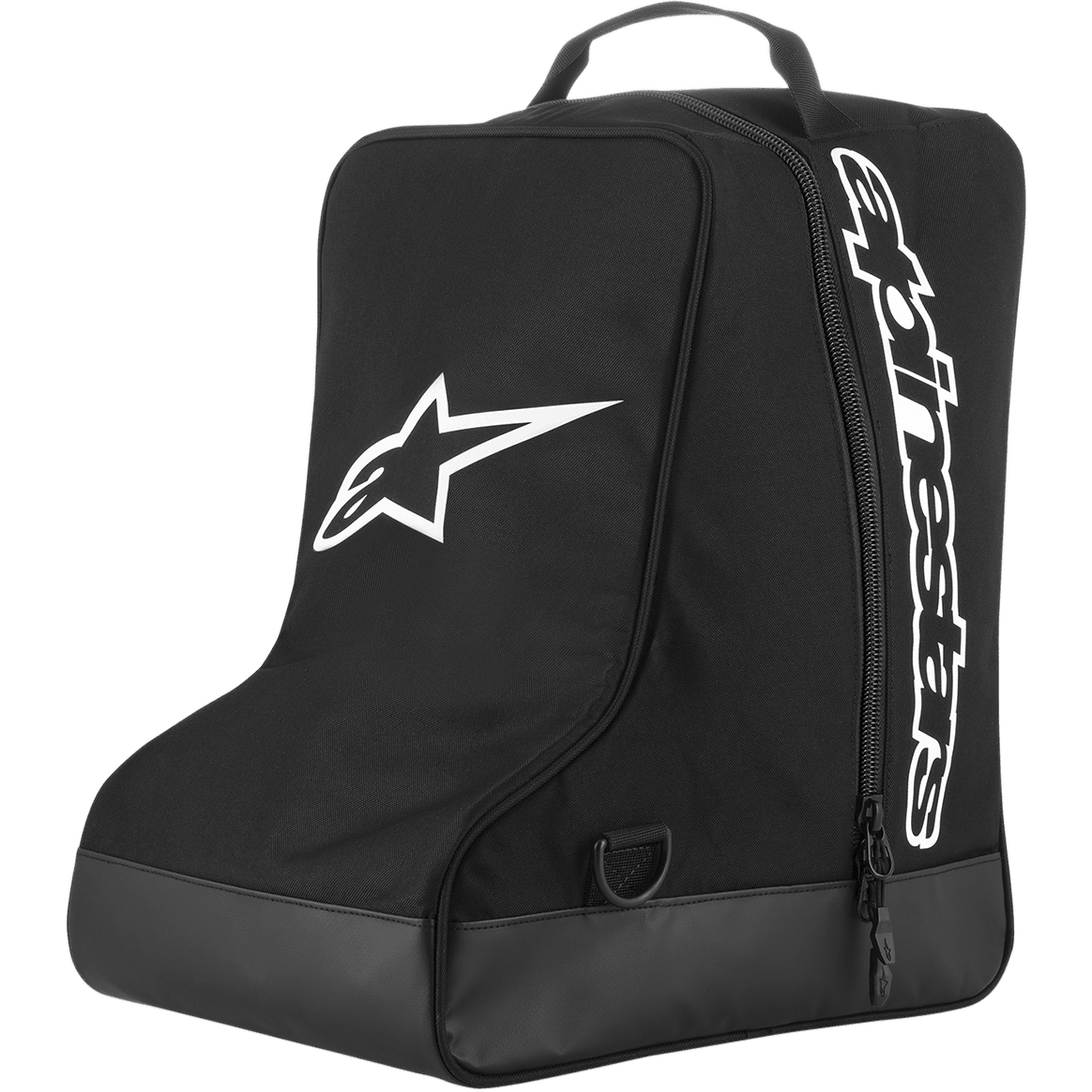 Alpinestars Boot Bag, förvaringsväska för motocrossutrustning, svart med vit stjärnlogotyp och vertikalt ordmärke, bärhandtag i vävband upptill, förstärkt botten i presenningsmaterial, slitstark 600D polyester, designad för terrängskor