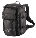 Alpinestars Rover Overland Backpack, Adventure Touring Backpack, Black, white Alpinestars branding, multiple zippered compartments with compression straps, padded mesh shoulder straps and ergonomic harness, durable textile design for long-distance motorcycle travel