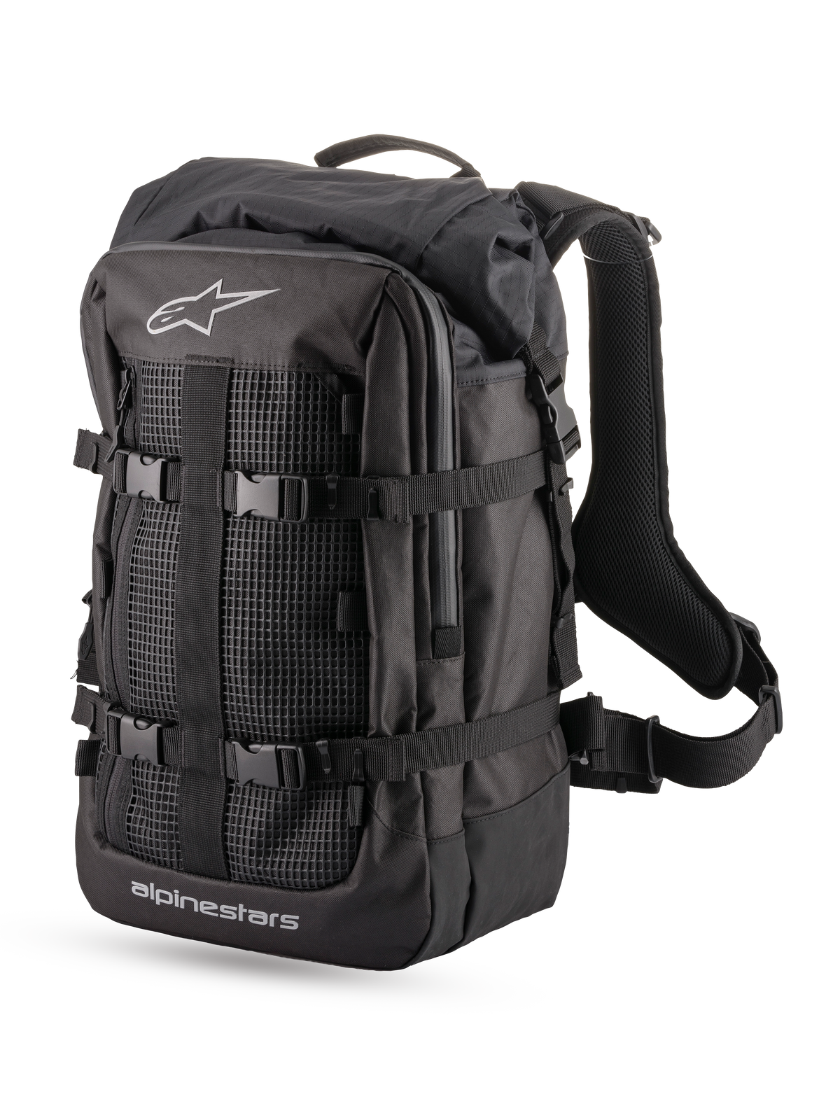 Alpinestars Rover Multi ryggsäck, svart äventyrstouringmotorcykelryggsäck, textildesign med rulltopp och kompressionsremmar, frontpanel i meshtyg med logotyper
