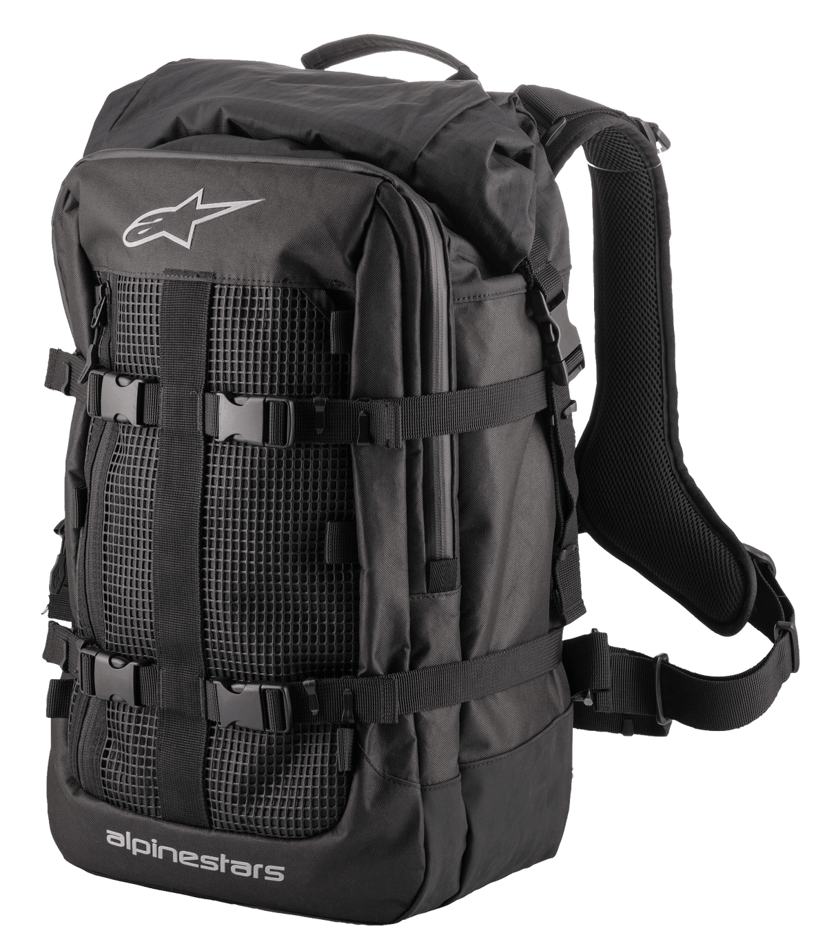 Alpinestars Rover Multi Backpack, äventyrs- och touringryggsäck, svart, med nätpanel fram, justerbara kompressionsremmar med spännen, vadderade ergonomiska axelremmar och robust textilkonstruktion för motorcykelpendling och äventyrskörning