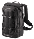 Alpinestars Rover Multi Backpack, Adventure Touring Backpack, Black, featuring a mesh front panel, adjustable compression straps with buckles, padded ergonomic shoulder straps, and robust textile construction for motorcycle commuting and adventure riding