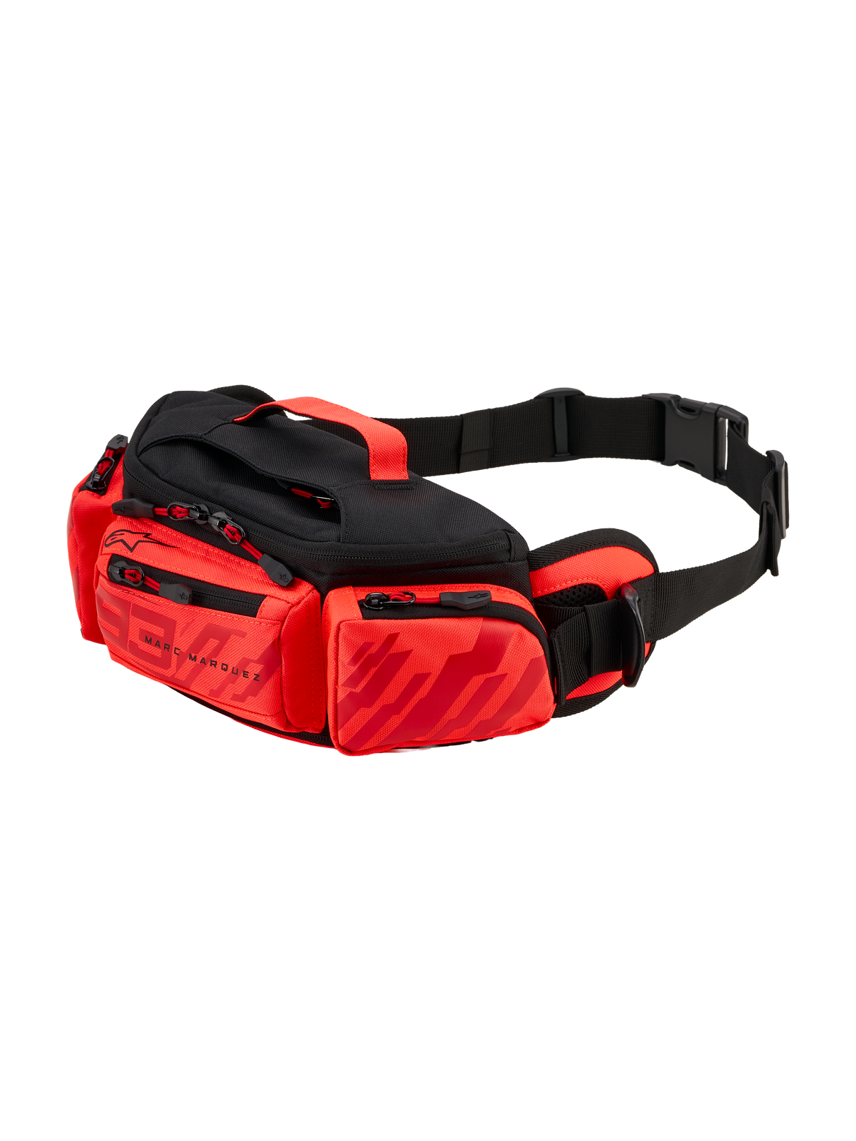 Alpinestars MM93 Waist Bag, Motorcycle Waist Pack, Bright Red, Red Fluo and Black, featuring Marc Marquez graphics, multiple zippered compartments, adjustable waist strap with buckle, and a top handle.