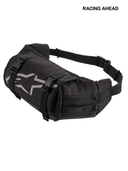 Alpinestars Tech Tool Pack, svart, slitstark verktygsväska för midjan, grå Alpinestars-stjärnlogotyp, justerbara kompressionsremmar med plastspännen, sidofack med dragkedja, för enduro- och terrängkörning
