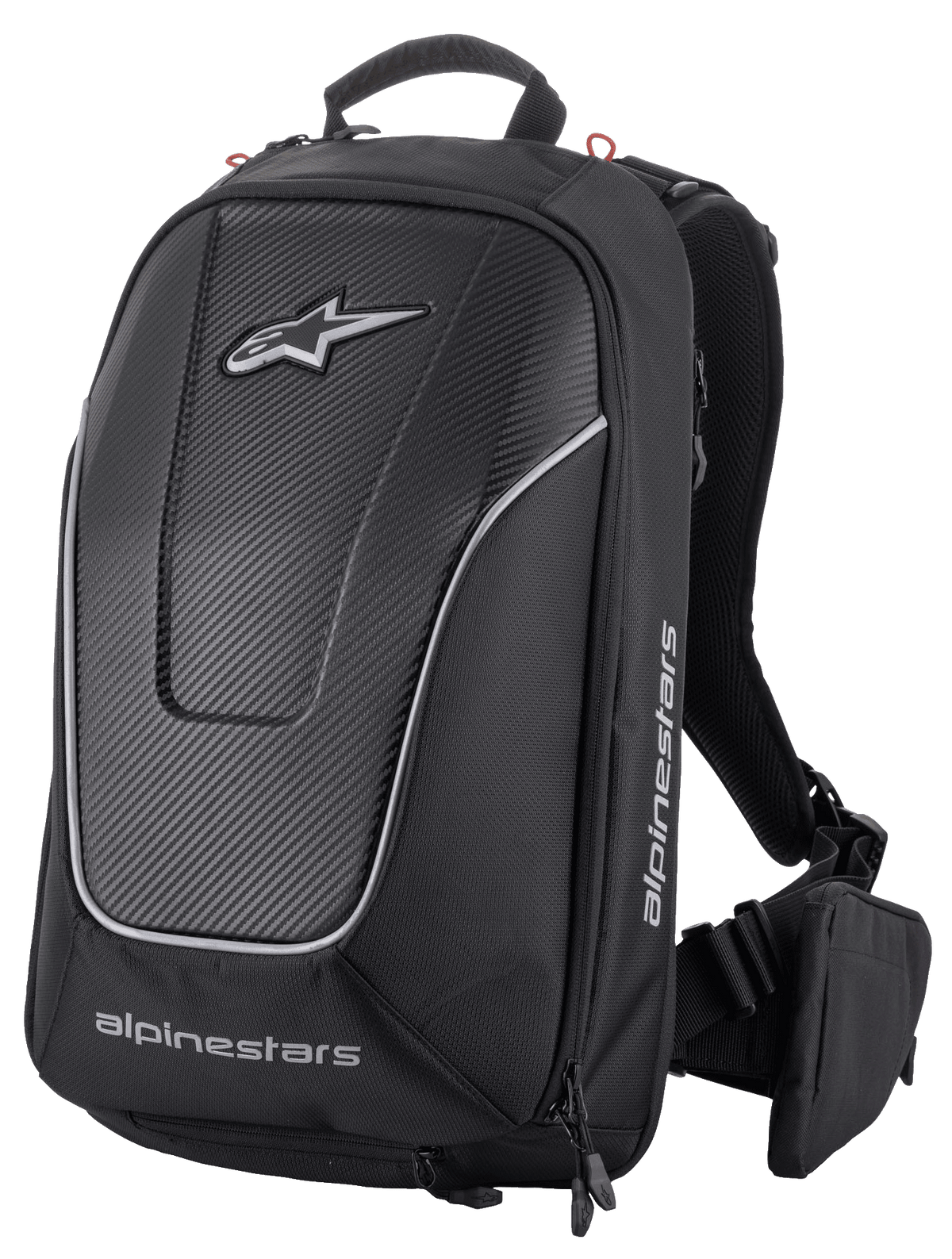 Alpinestars Charger Pro Backpack, Black, Aerodynamic semi-rigid motorcycle backpack, Carbon fiber textured front panel with reflective silver piping, White Alpinestars logos, Padded shoulder straps and removable waist belt pouch, Sporty riding design