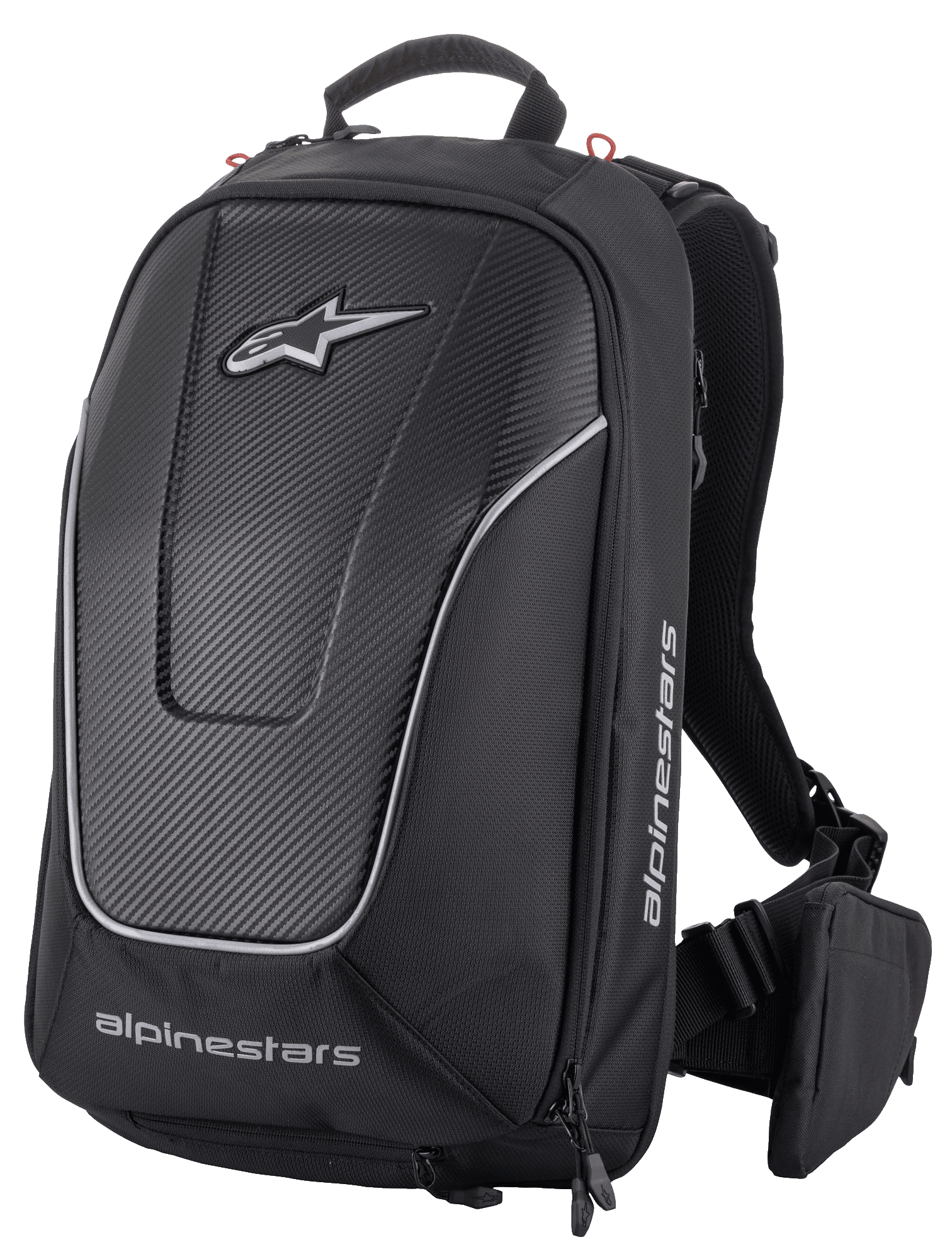 Alpinestars Charger Pro ryggsäck, svart, aerodynamisk halvstyv motorcykelryggsäck, frontpanel med kolfibertextur och reflekterande silverfärgade passpoaler, vita Alpinestars-logotyper, vadderade axelremmar och avtagbar väska på midjebältet, sportig design