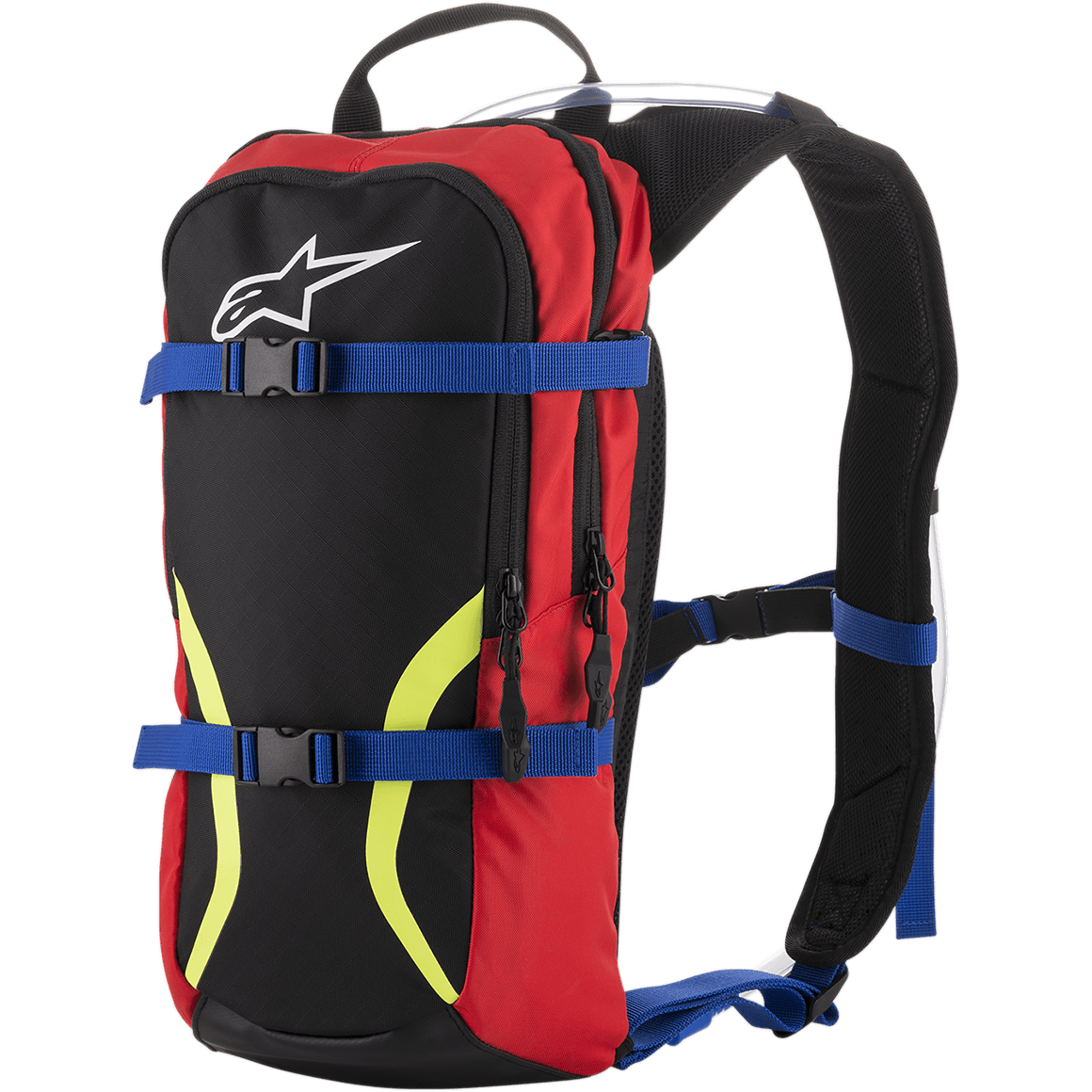 Alpinestars Iguana Hydration Backpack, Off-road Motocross Riding Pack, Black and Red with Blue Straps and Yellow Fluo Graphics, White Astars Logo, Dual Zippered Compartments, Padded Shoulder Straps with visible Hydration Tube