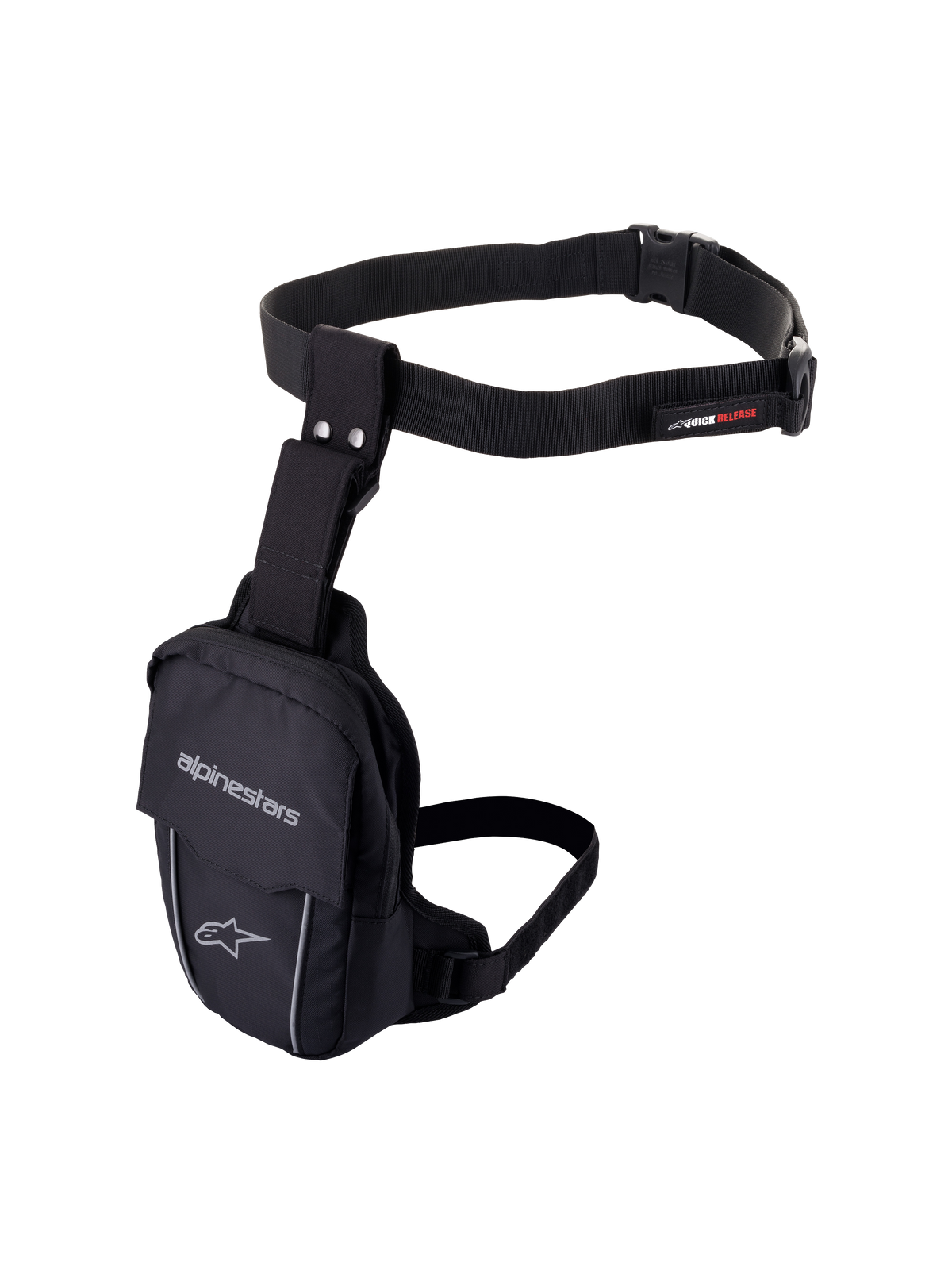 Alpinestars Access Thigh Bag, svart benväska för motorcykel, slitstark textilkonstruktion med justerbart midjebälte och benrem, Alpinestars-branding, reflekterande passpoaler och snabbspänne, ergonomisk design för smidig förvaring av småsaker vid körning