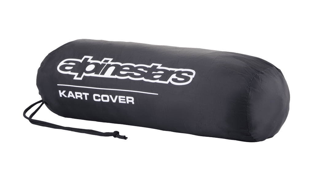 Alpinestars Kart Cover storage bag, Black, featuring white Alpinestars logo and 'KART COVER' text, cylindrical shape with a drawstring closure, compact and portable design for motorsport gear.