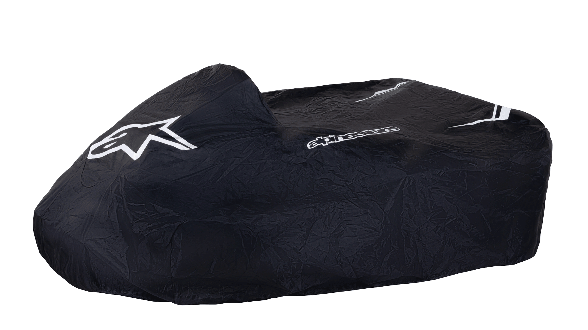 Alpinestars Kart Cover, Black, featuring white Alpinestars star logo and wordmark, protective go-kart cover, durable weather-resistant fabric with white stripe accents, structured design for paddock protection