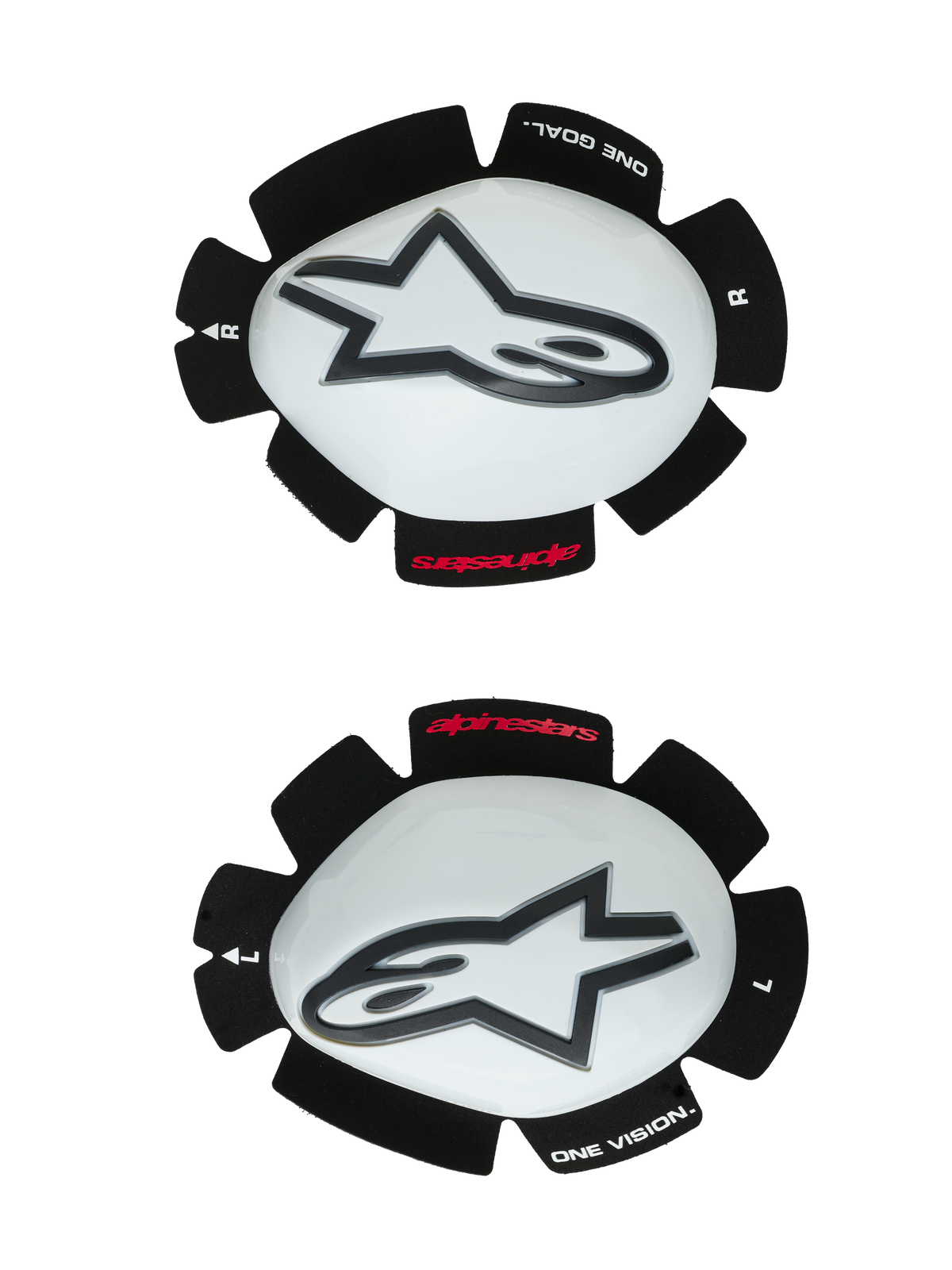 Alpinestars GP Tech knäsliders, knäskydd för motorcykel, vita och svarta, ett set med vänster- och högersliders med vita plastskal och svarta Astar-logotyper, kardborrefäste med texten "ONE GOAL ONE VISION", högpresterande racingutrustning