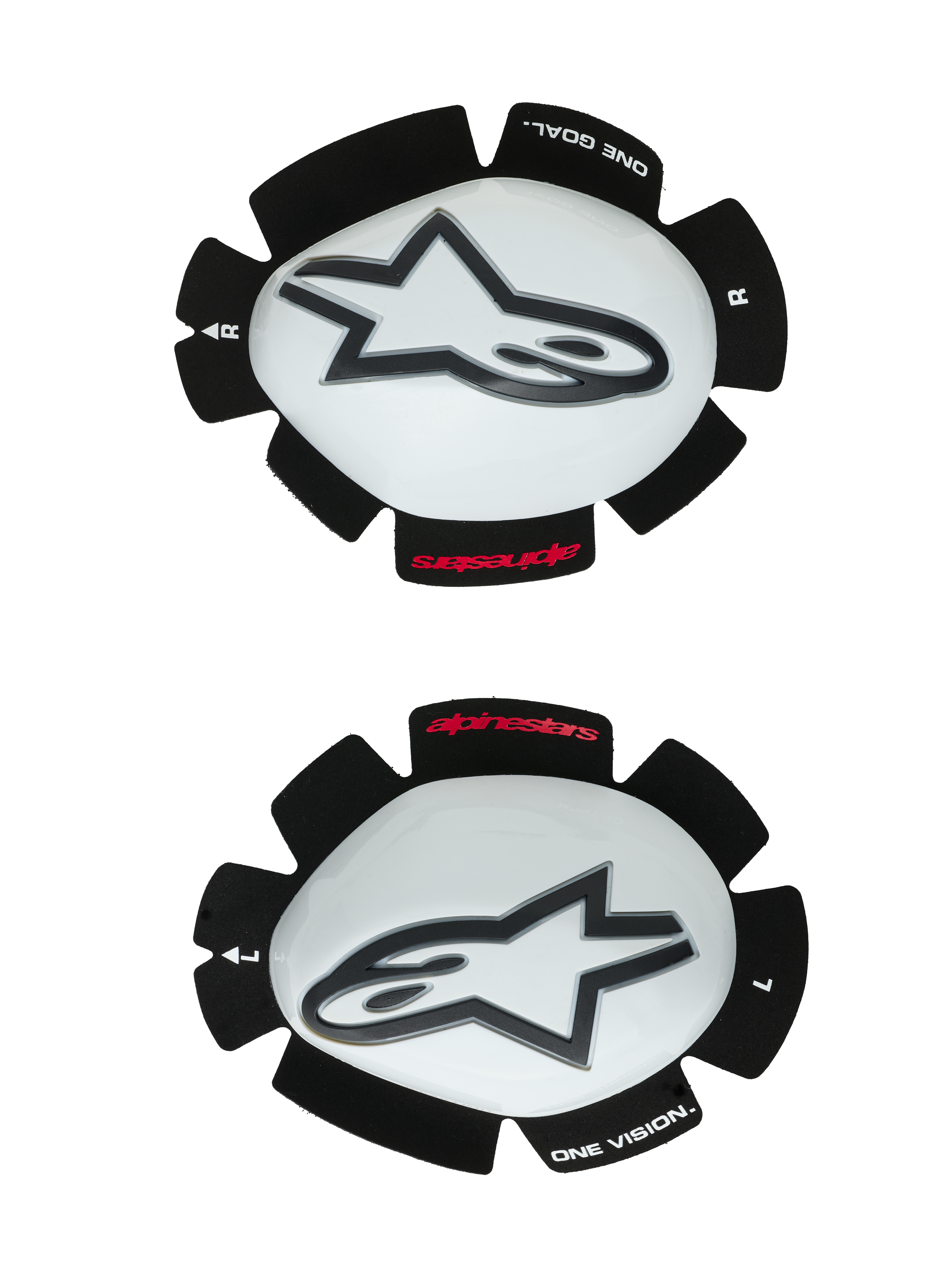 Alpinestars GP Tech knäsliders, knäskydd för motorcykel, vita och svarta, ett set med vänster- och högersliders med vita plastskal och svarta Astar-logotyper, kardborrefäste med texten "ONE GOAL ONE VISION", högpresterande racingutrustning