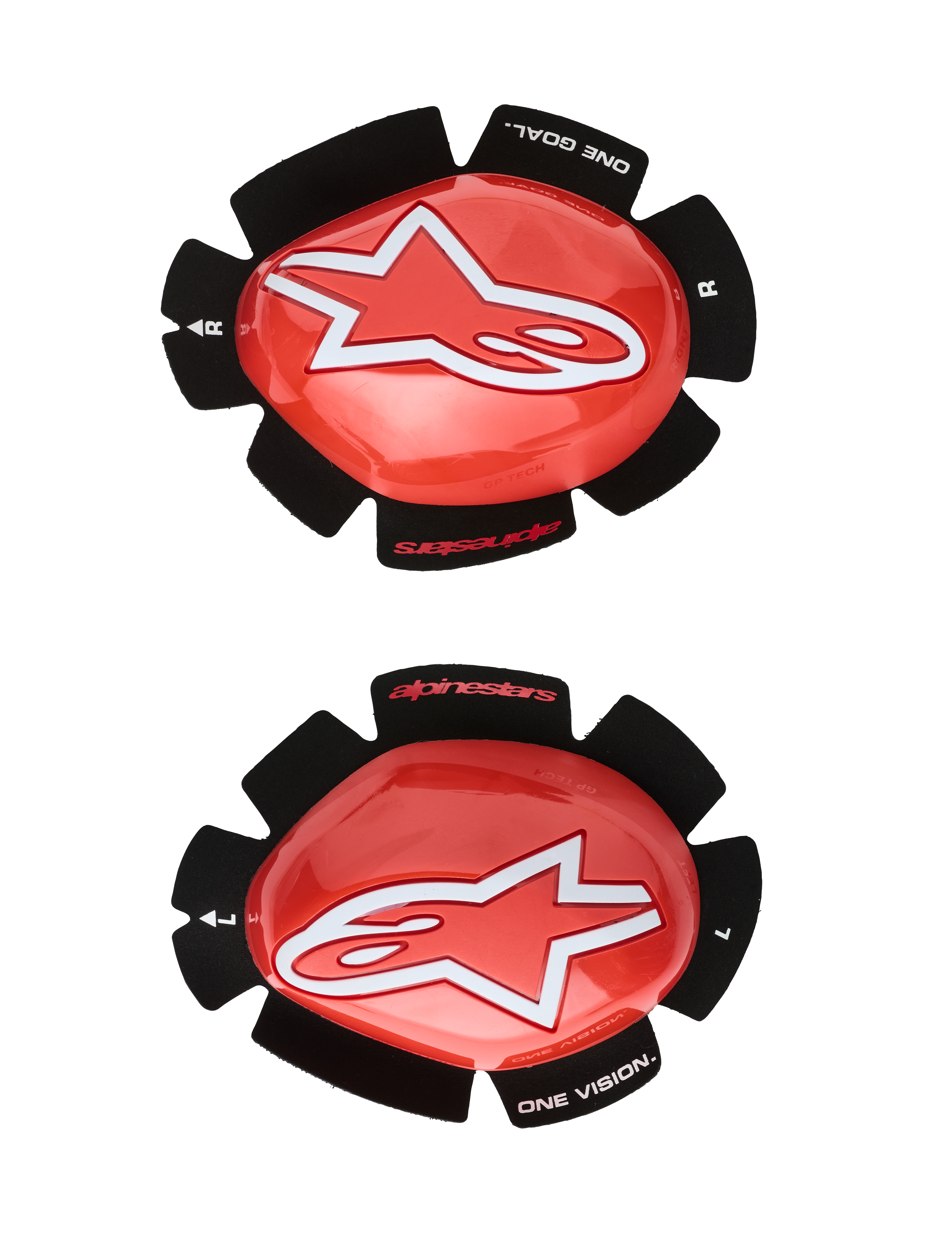 Alpinestars GP Tech knäsliders, röda och vita, knäskydd för motorcykelracing, med en stor vit stjärnlogotyp på blank röd plast, texten 'ONE GOAL. ONE VISION.' på svart blombladsformad kardborrebaksida, ett par för vänster och höger sida för banbruk.