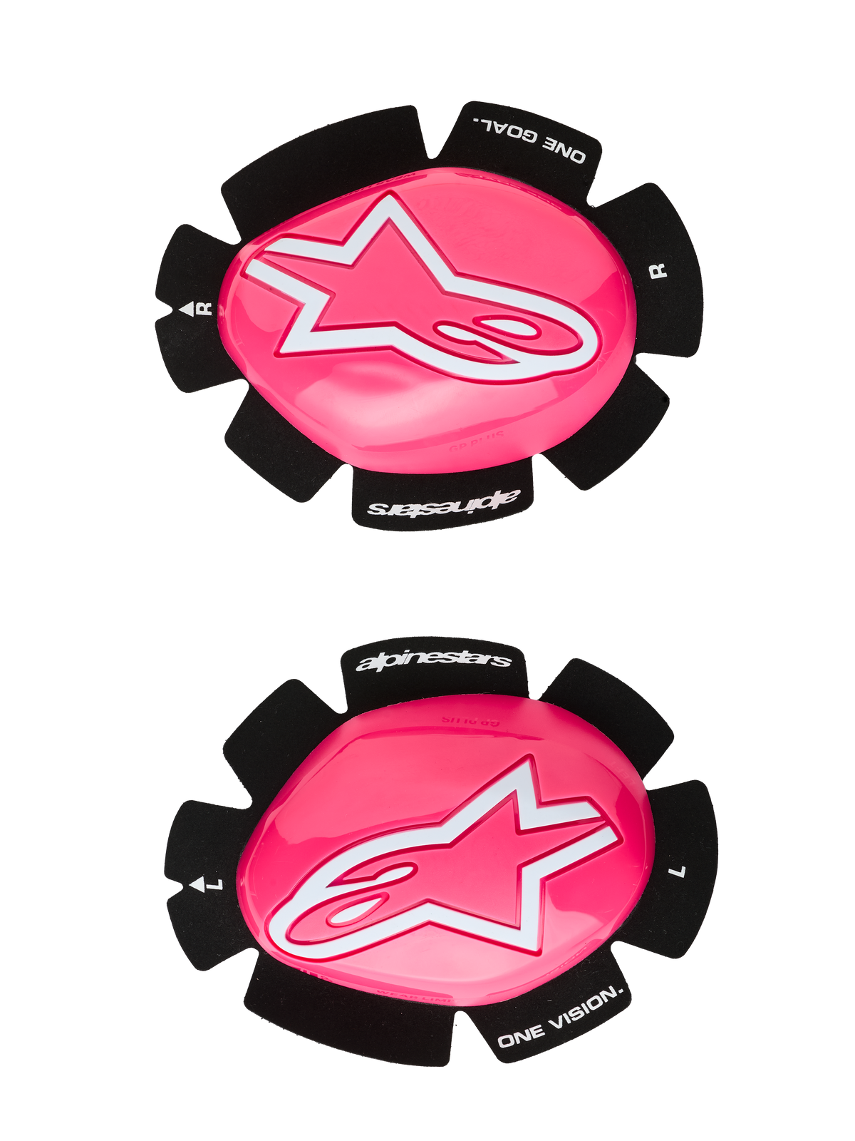 Alpinestars GP Plus knäpuckar, knäsliders för motorcykelracing, neonrosa och vita, uppsättning med vänster och höger slider, blank rosa yta med vita stjärnlogotyper, svart baksida med texten 'One Goal One Vision', slitstark plastkonstruktion för bana och väg