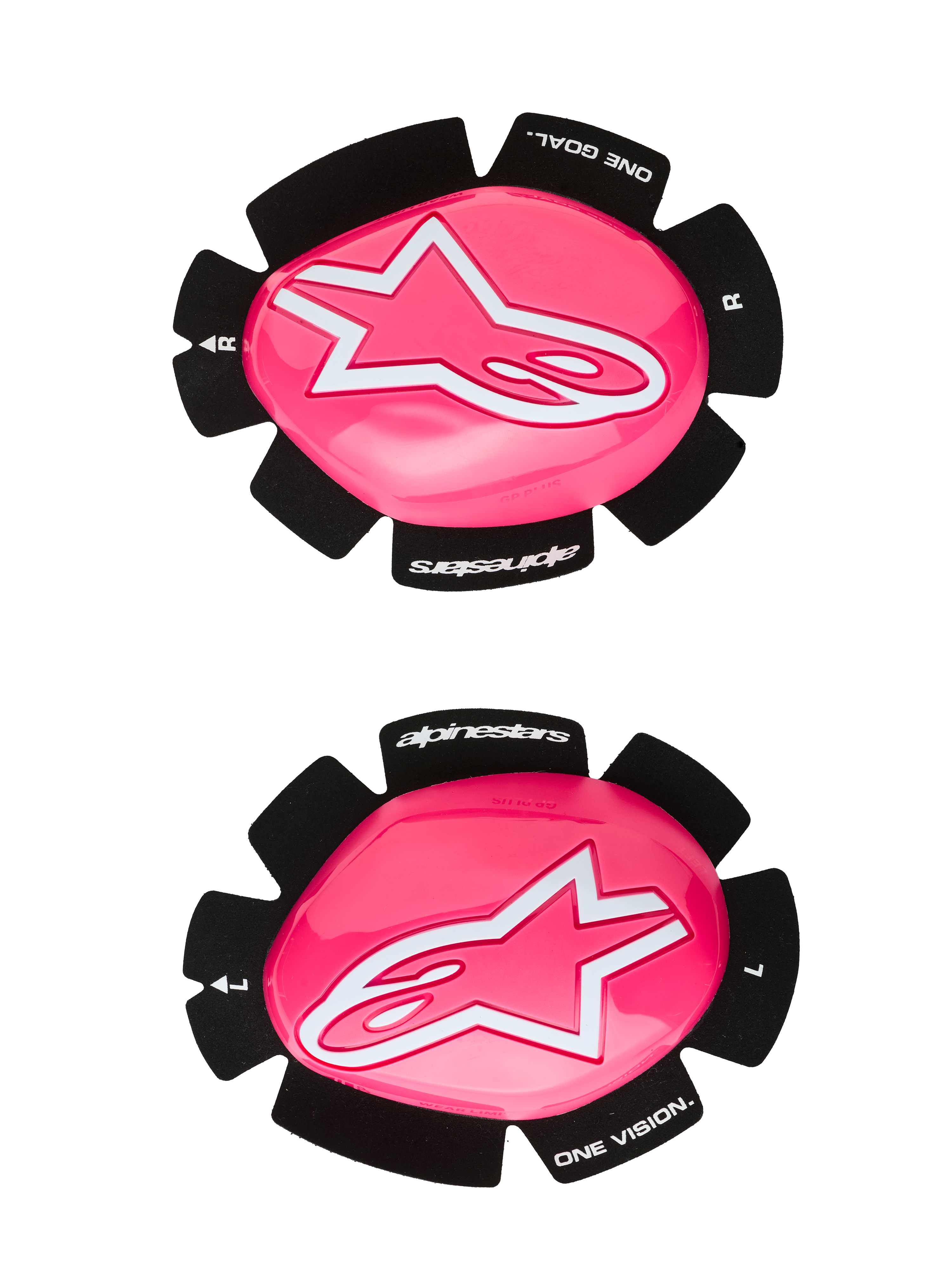 Alpinestars GP Plus knäpuckar, knäsliders för motorcykelracing, neonrosa och vita, uppsättning med vänster och höger slider, blank rosa yta med vita stjärnlogotyper, svart baksida med texten 'One Goal One Vision', slitstark plastkonstruktion för bana och väg
