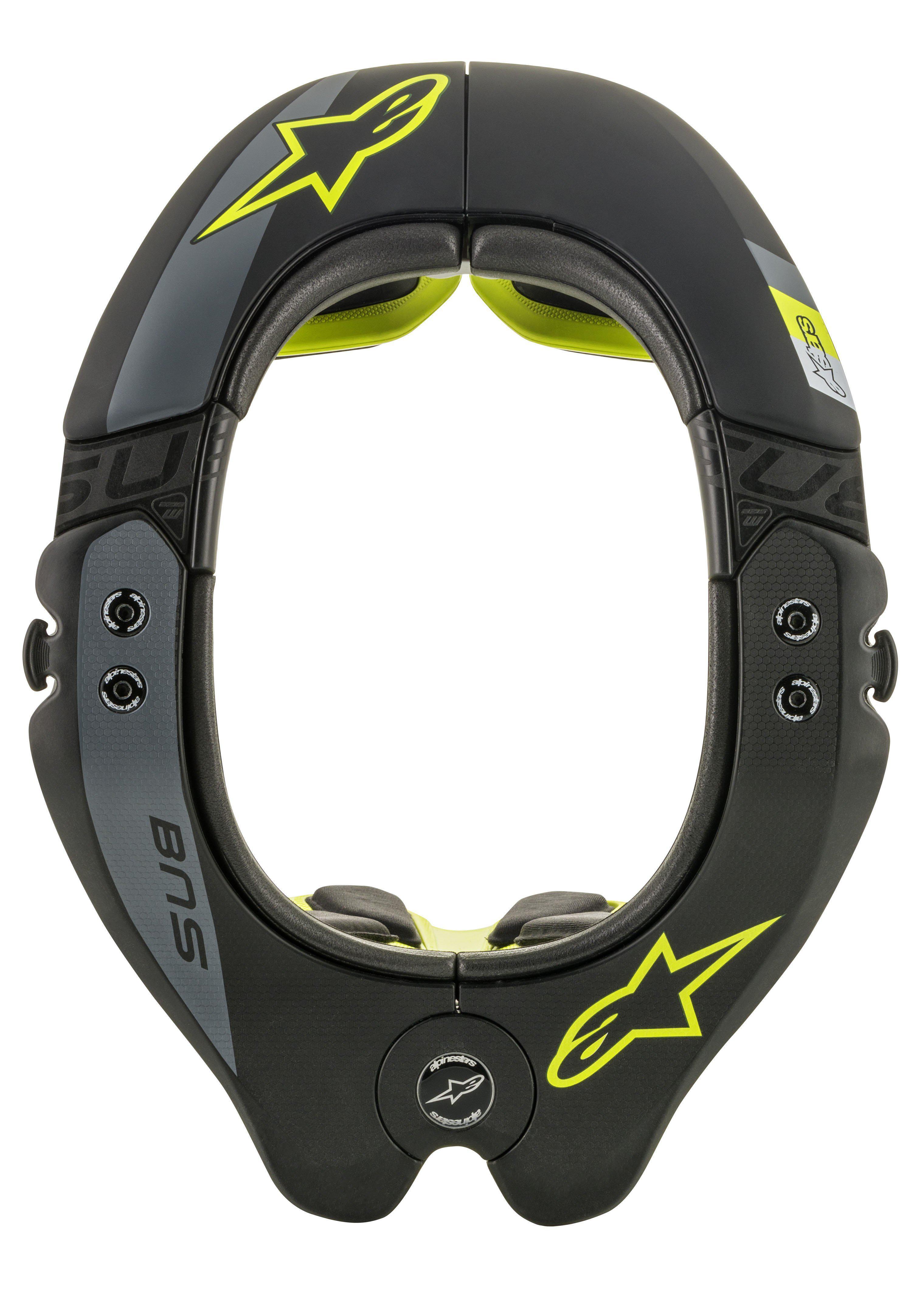 Alpinestars BNS Tech 2 nackskydd, nackskydd för motocross, svart och fluorescerande gul, vy uppifrån av den ovala ramen med gula stjärnlogotyper, grå detaljer och 'BNS'-märkning, designat för säkerhet vid terrängkörning