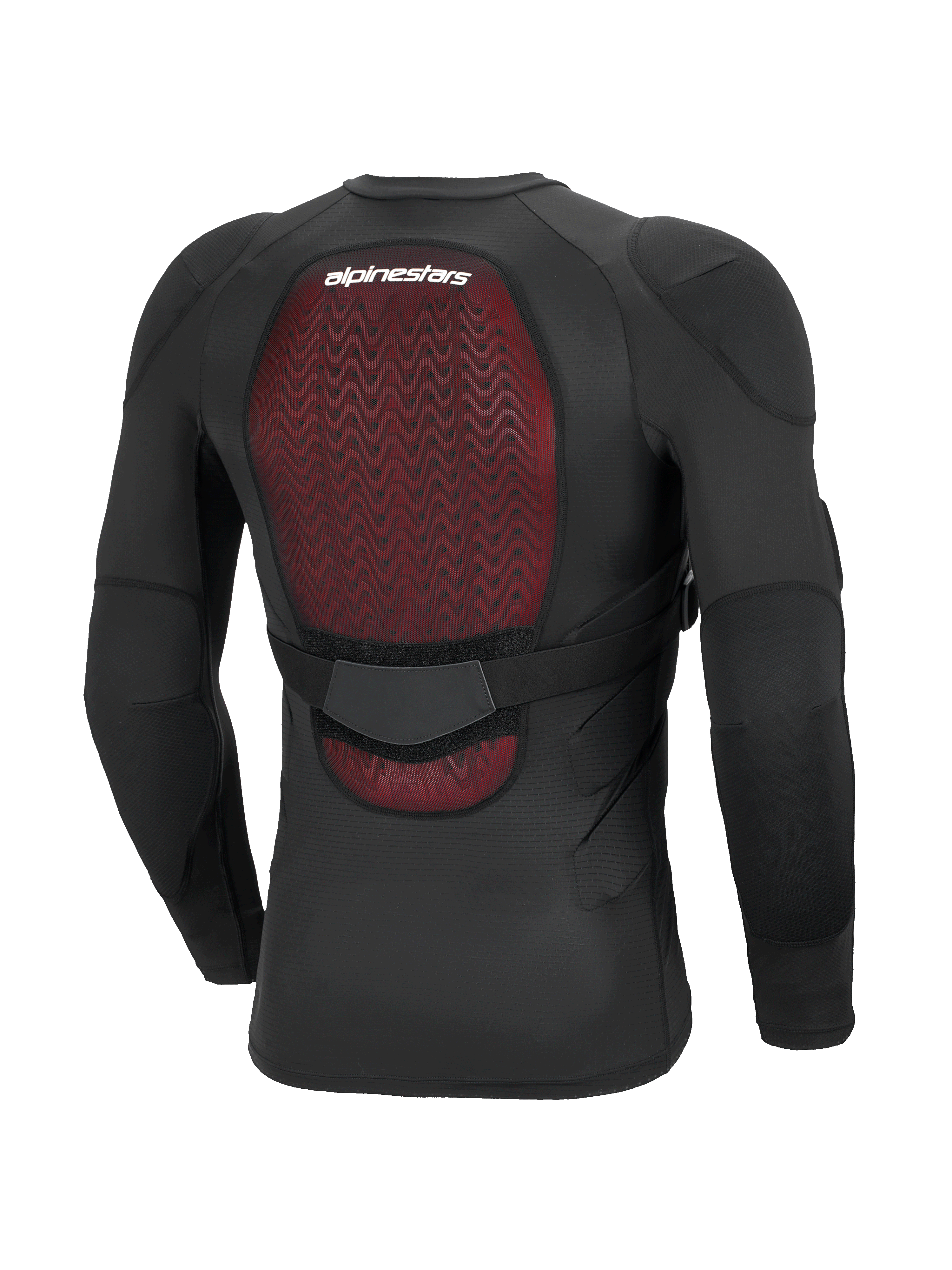 Alpinestars Bionic Plasma LT Protection Jacket - Long Sleeve, Black, Rear view highlighting the red Nucleon PLASMA back protector, breathable stretch mesh construction, adjustable waist strap, and integrated elbow and shoulder protection