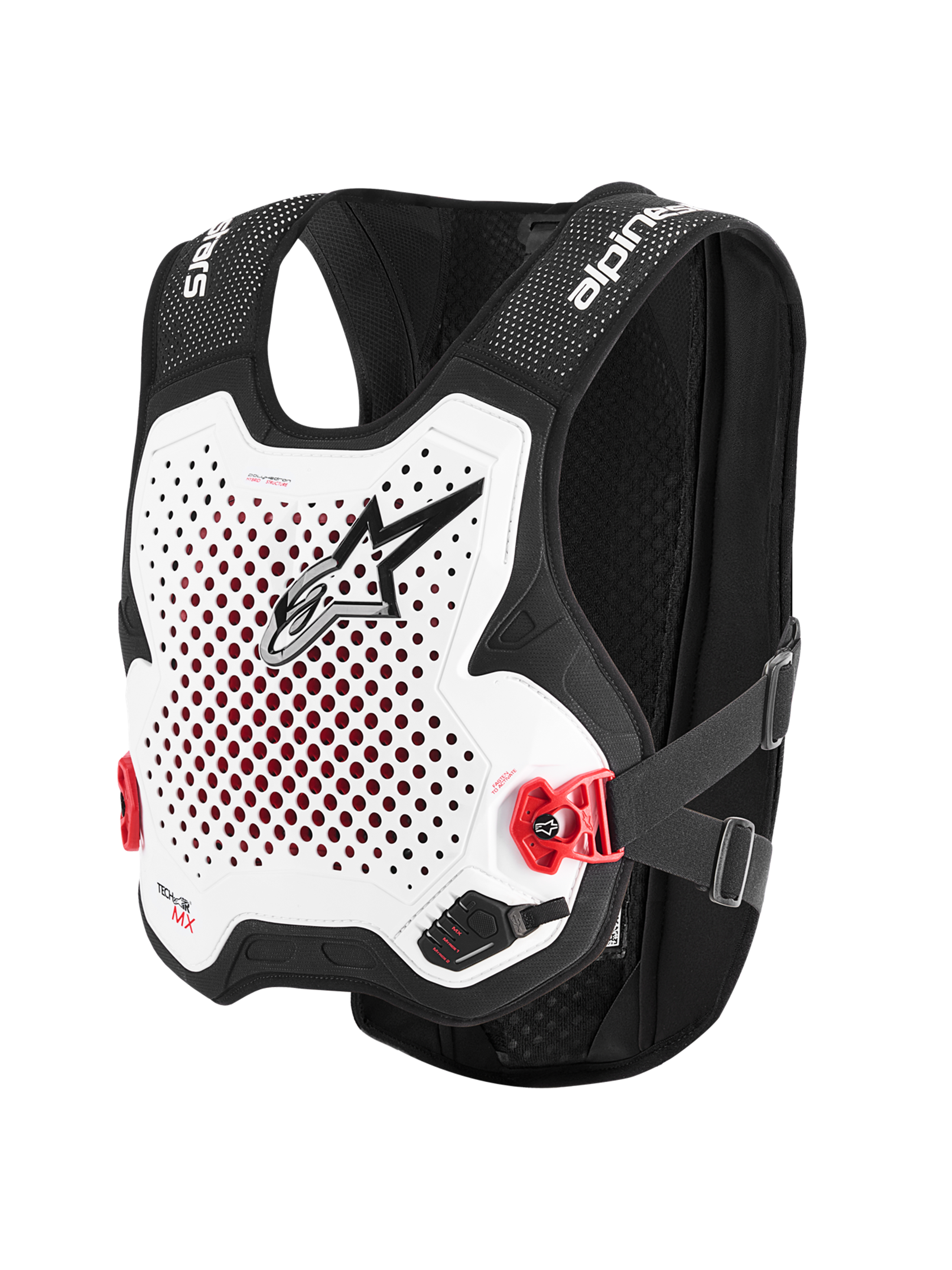 Alpinestars Tech-Air® MX System, motocross airbagsystem i vit och svart, CE-certifierat skydd med integrerat Nucleon PLASMA-ryggskydd och andningsbar stretchmeshkonstruktion
