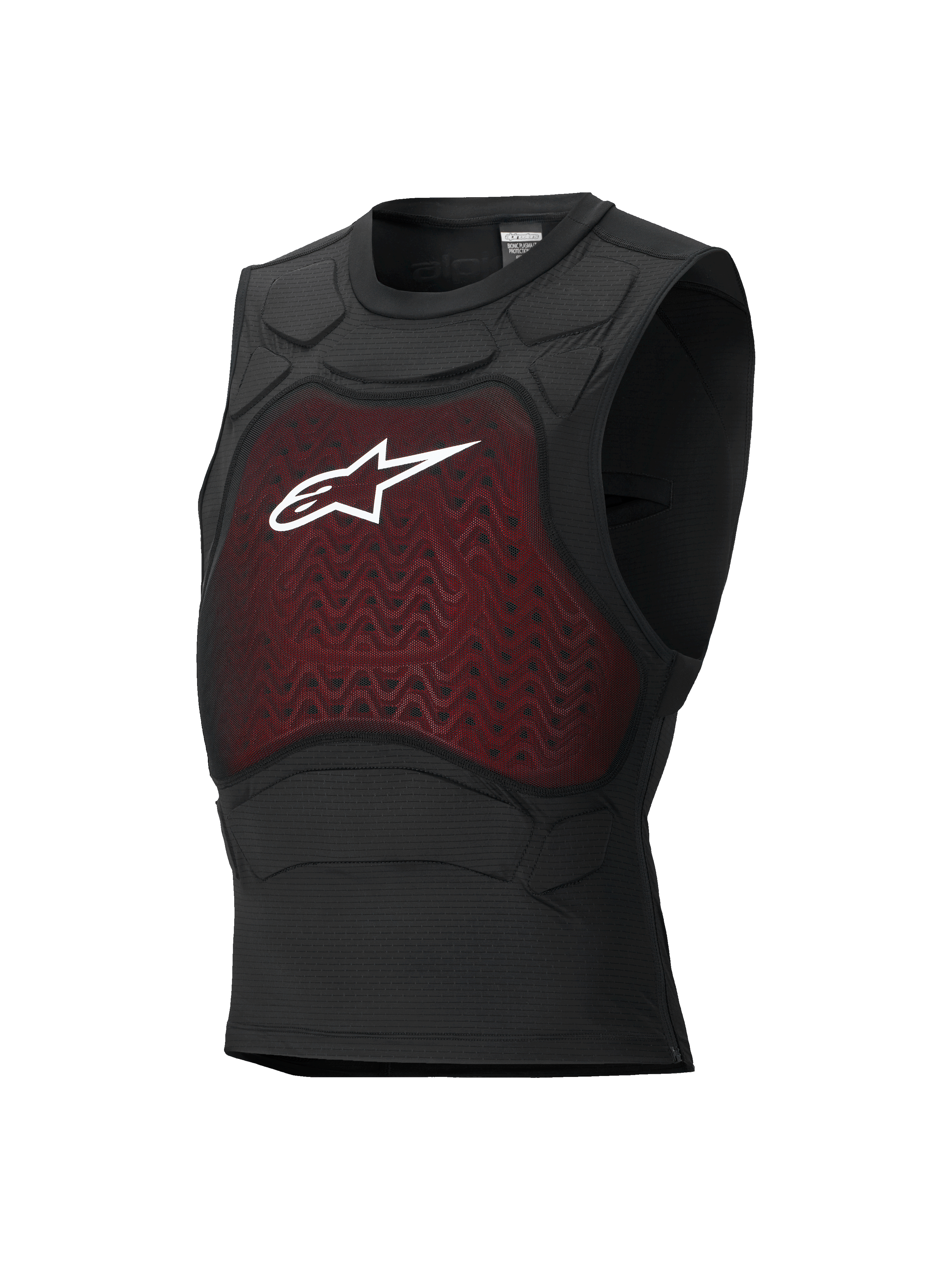 Alpinestars Bionic Plasma LT Protection Vest, Motorcycle Body Armor, Black and Red, Sleeveless Design with Mesh Chest Panel and White Astars Logo, Integrated Padding on Shoulders, Breathable Form-Fitting Construction