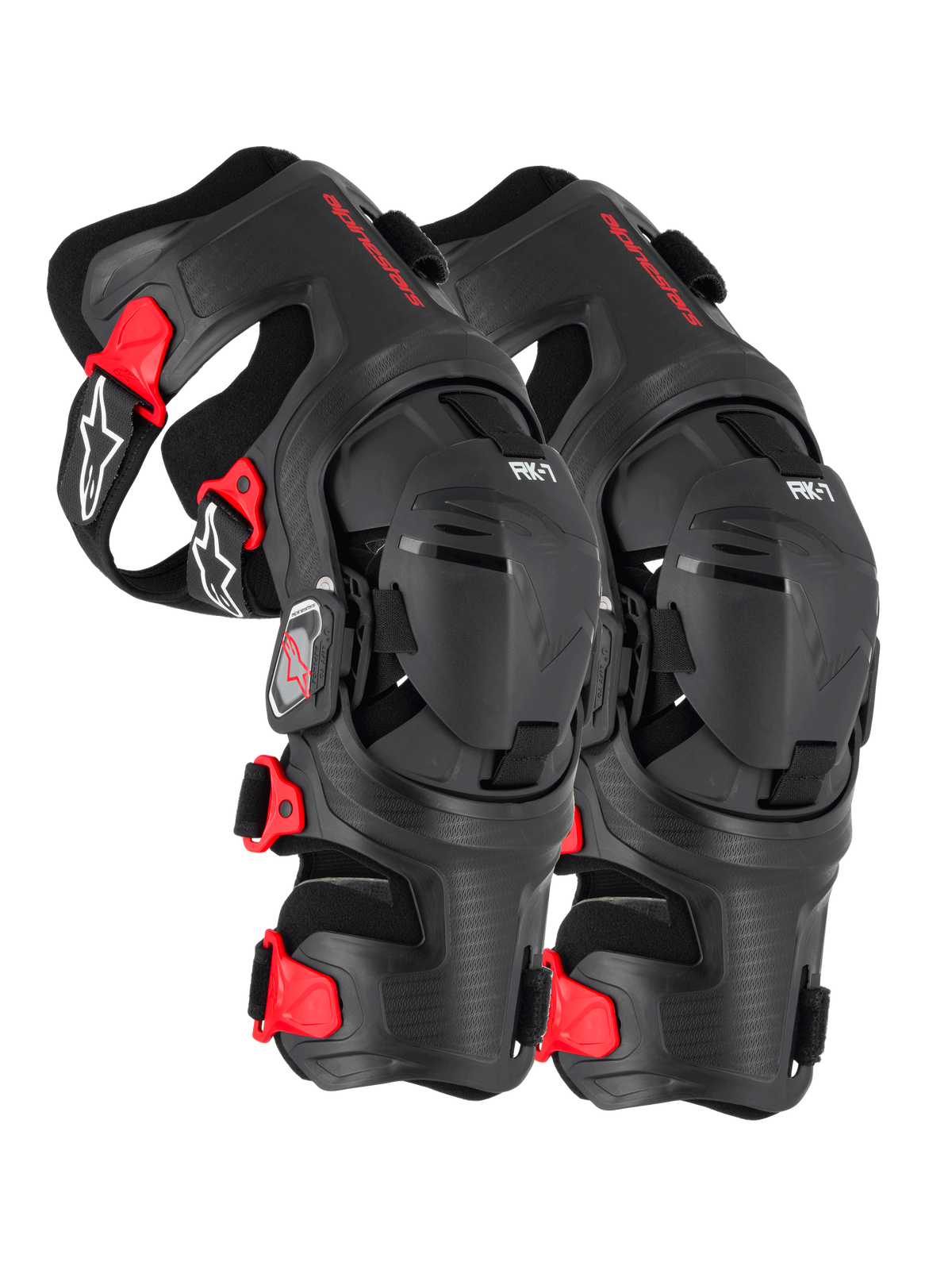 Alpinestars RK-7 Plasma knäskydd, svarta och röda motocrossknäskydd, CE-certifierade nivå 1 med fyrpunktsgångjärnssystem och Nucleon PLASMA-vaddering, framifrån